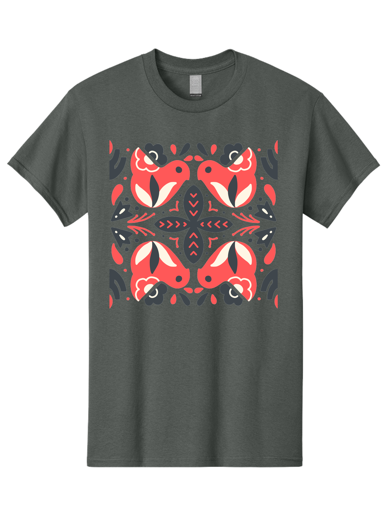 Kaleidoscope-Pattern Men'S Graphic Tee, 100% Cotton, Comfortable Casual Summer Wear, Machine Washable, Symmetrical Pattern, Floral Design, Abstract Shapes, Vibrant Colors, Bold Graphics, Modern Art, Red And White Flowers, Black Accents, Aab758