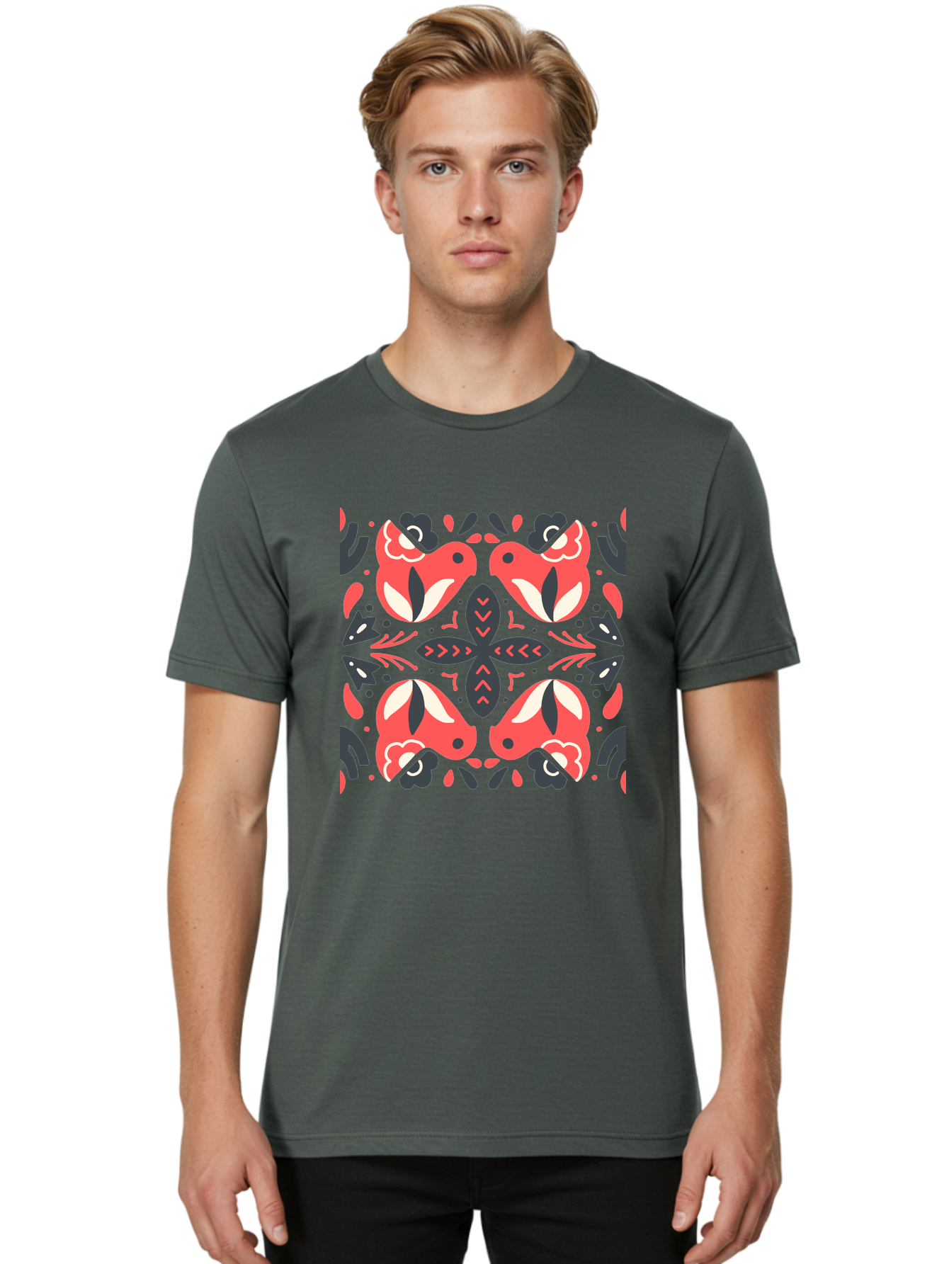 Kaleidoscope-Pattern Men'S Graphic Tee, 100% Cotton, Comfortable Casual Summer Wear, Machine Washable, Symmetrical Pattern, Floral Design, Abstract Shapes, Vibrant Colors, Bold Graphics, Modern Art, Red And White Flowers, Black Accents, Aab758