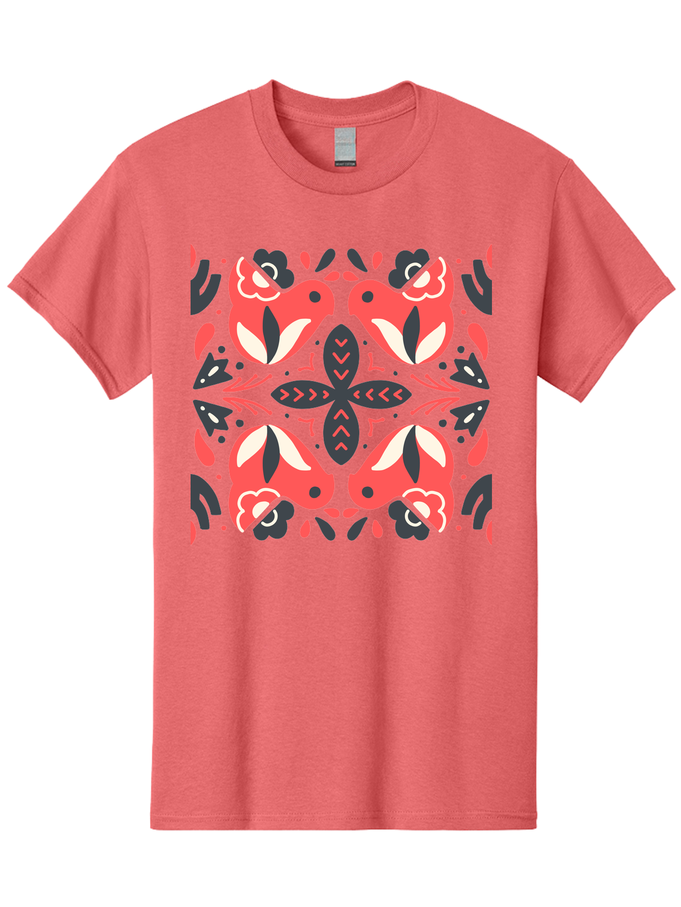 Kaleidoscope-Pattern Men'S Graphic Tee, 100% Cotton, Comfortable Casual Summer Wear, Machine Washable, Symmetrical Pattern, Floral Design, Abstract Shapes, Vibrant Colors, Bold Graphics, Modern Art, Red And White Flowers, Black Accents, Aab758