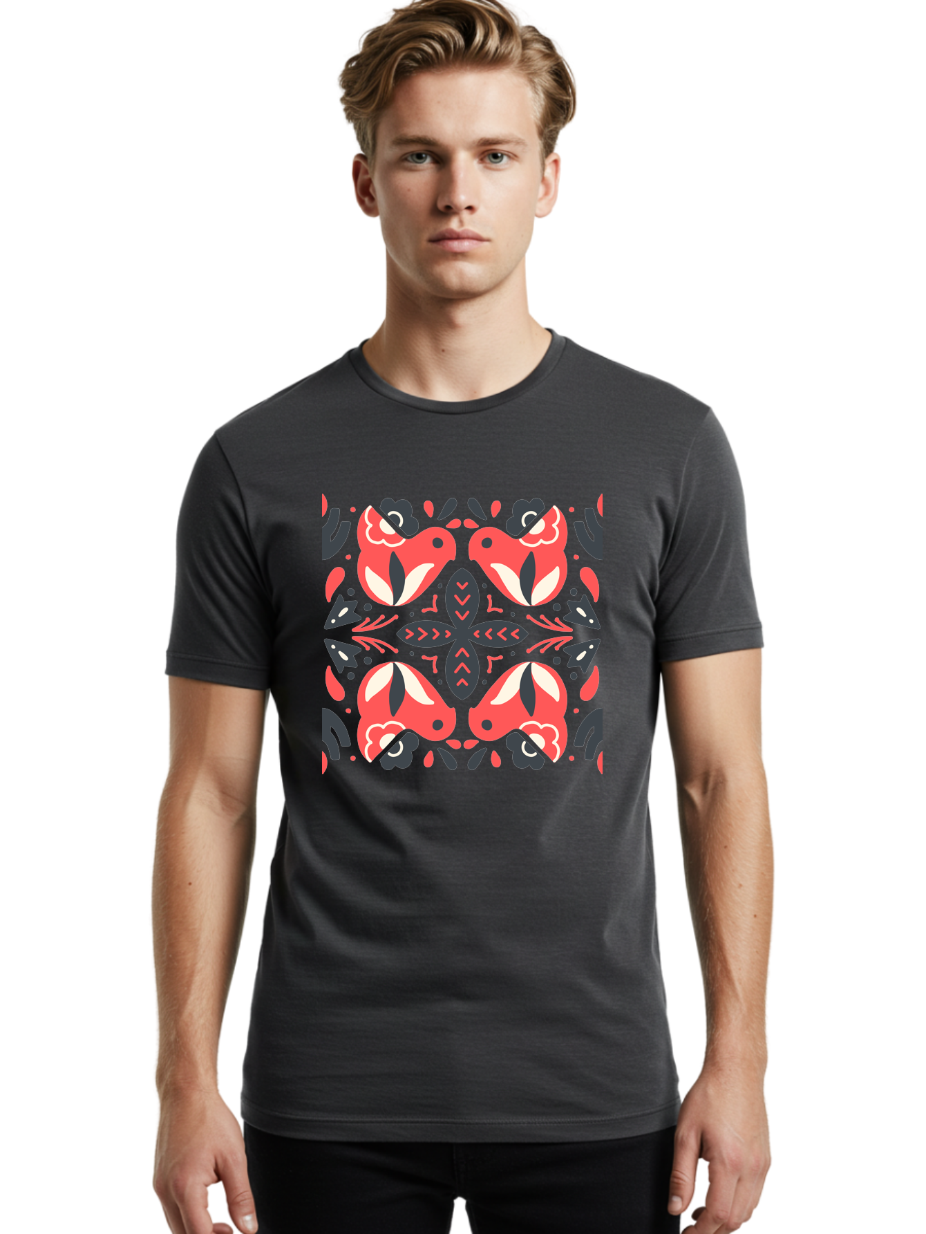 Kaleidoscope-Pattern Men'S Graphic Tee, 100% Cotton, Comfortable Casual Summer Wear, Machine Washable, Symmetrical Pattern, Floral Design, Abstract Shapes, Vibrant Colors, Bold Graphics, Modern Art, Red And White Flowers, Black Accents, Aab758