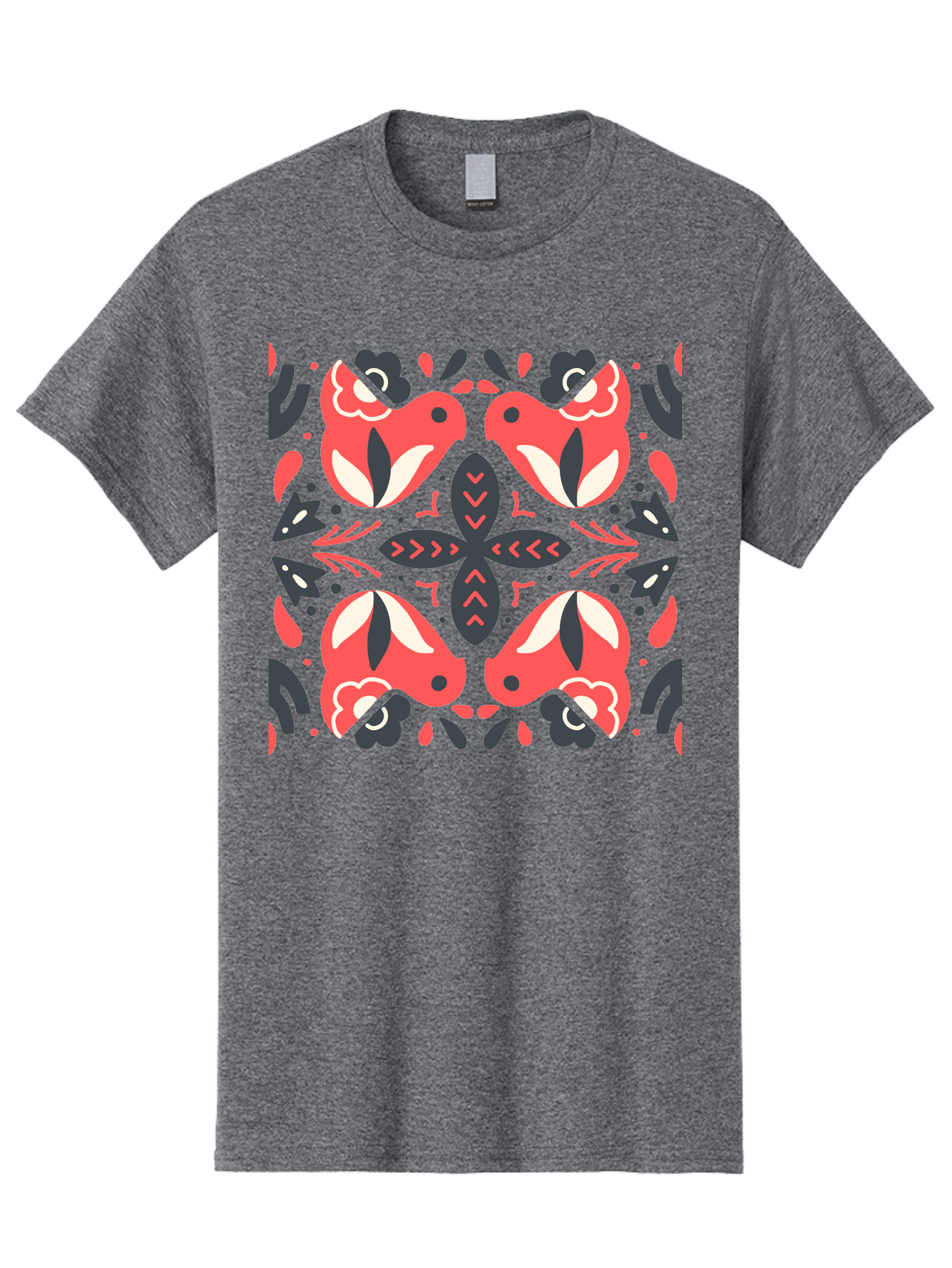Kaleidoscope-Pattern Men'S Graphic Tee, 100% Cotton, Comfortable Casual Summer Wear, Machine Washable, Symmetrical Pattern, Floral Design, Abstract Shapes, Vibrant Colors, Bold Graphics, Modern Art, Red And White Flowers, Black Accents, Aab758