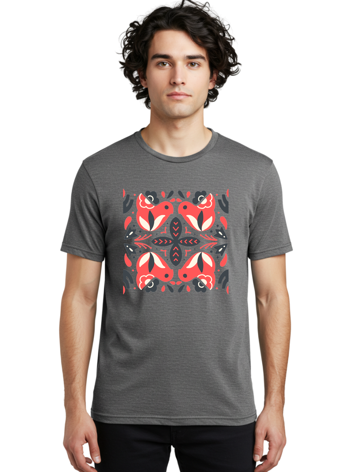 Kaleidoscope-Pattern Men'S Graphic Tee, 100% Cotton, Comfortable Casual Summer Wear, Machine Washable, Symmetrical Pattern, Floral Design, Abstract Shapes, Vibrant Colors, Bold Graphics, Modern Art, Red And White Flowers, Black Accents, Aab758