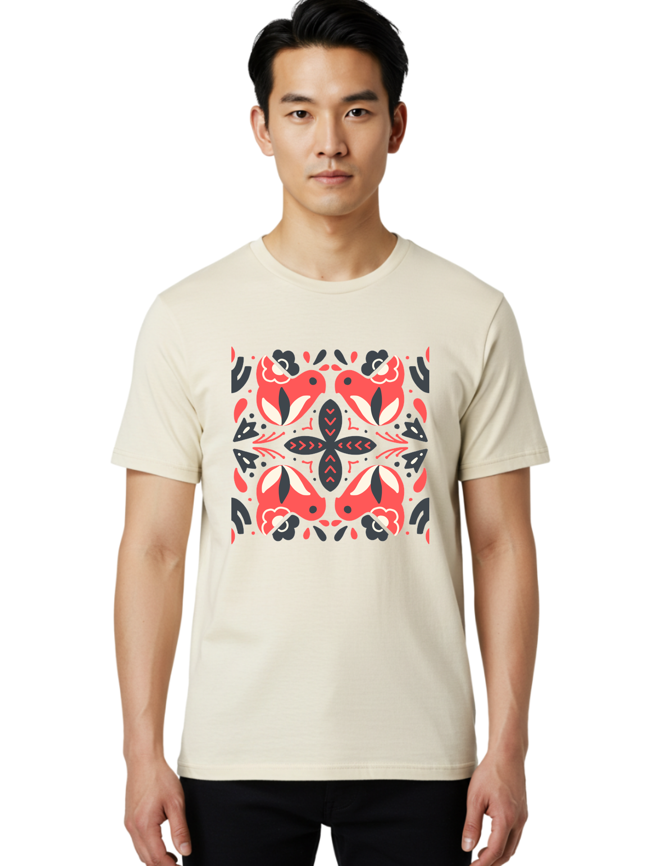 Kaleidoscope-Pattern Men'S Graphic Tee, 100% Cotton, Comfortable Casual Summer Wear, Machine Washable, Symmetrical Pattern, Floral Design, Abstract Shapes, Vibrant Colors, Bold Graphics, Modern Art, Red And White Flowers, Black Accents, Aab758