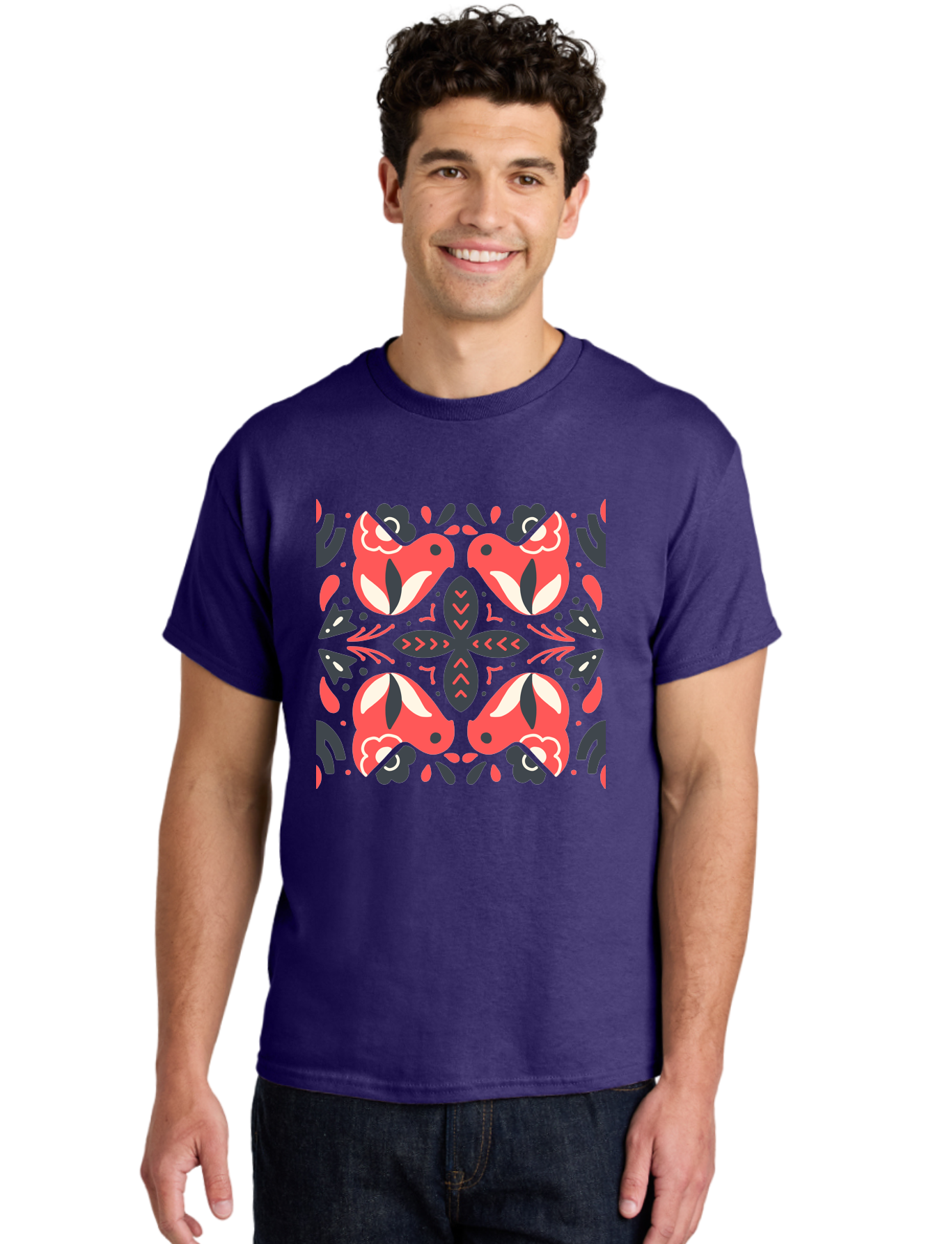 Kaleidoscope-Pattern Men'S Graphic Tee, 100% Cotton, Comfortable Casual Summer Wear, Machine Washable, Symmetrical Pattern, Floral Design, Abstract Shapes, Vibrant Colors, Bold Graphics, Modern Art, Red And White Flowers, Black Accents, Aab758