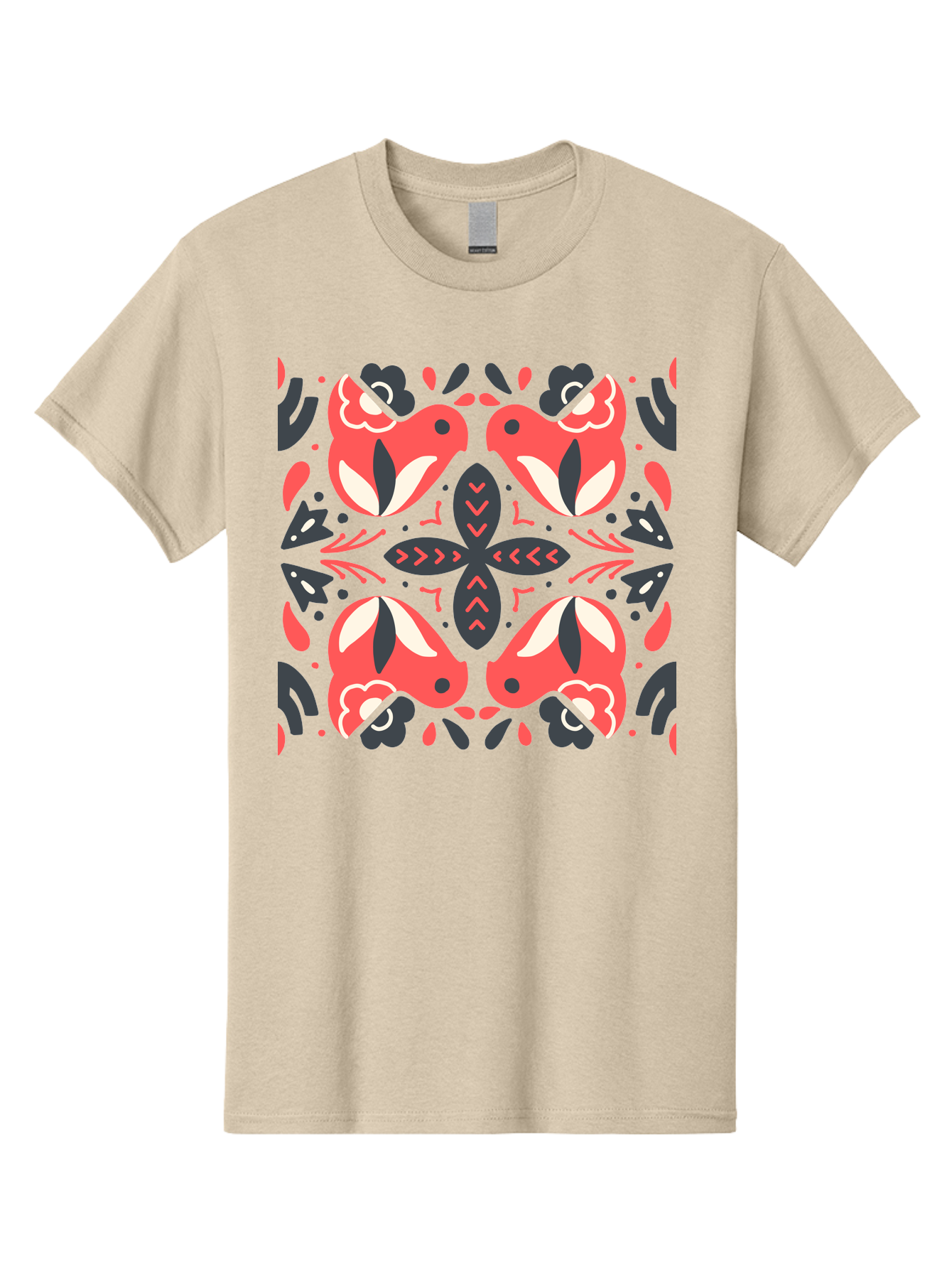 Kaleidoscope-Pattern Men'S Graphic Tee, 100% Cotton, Comfortable Casual Summer Wear, Machine Washable, Symmetrical Pattern, Floral Design, Abstract Shapes, Vibrant Colors, Bold Graphics, Modern Art, Red And White Flowers, Black Accents, Aab758