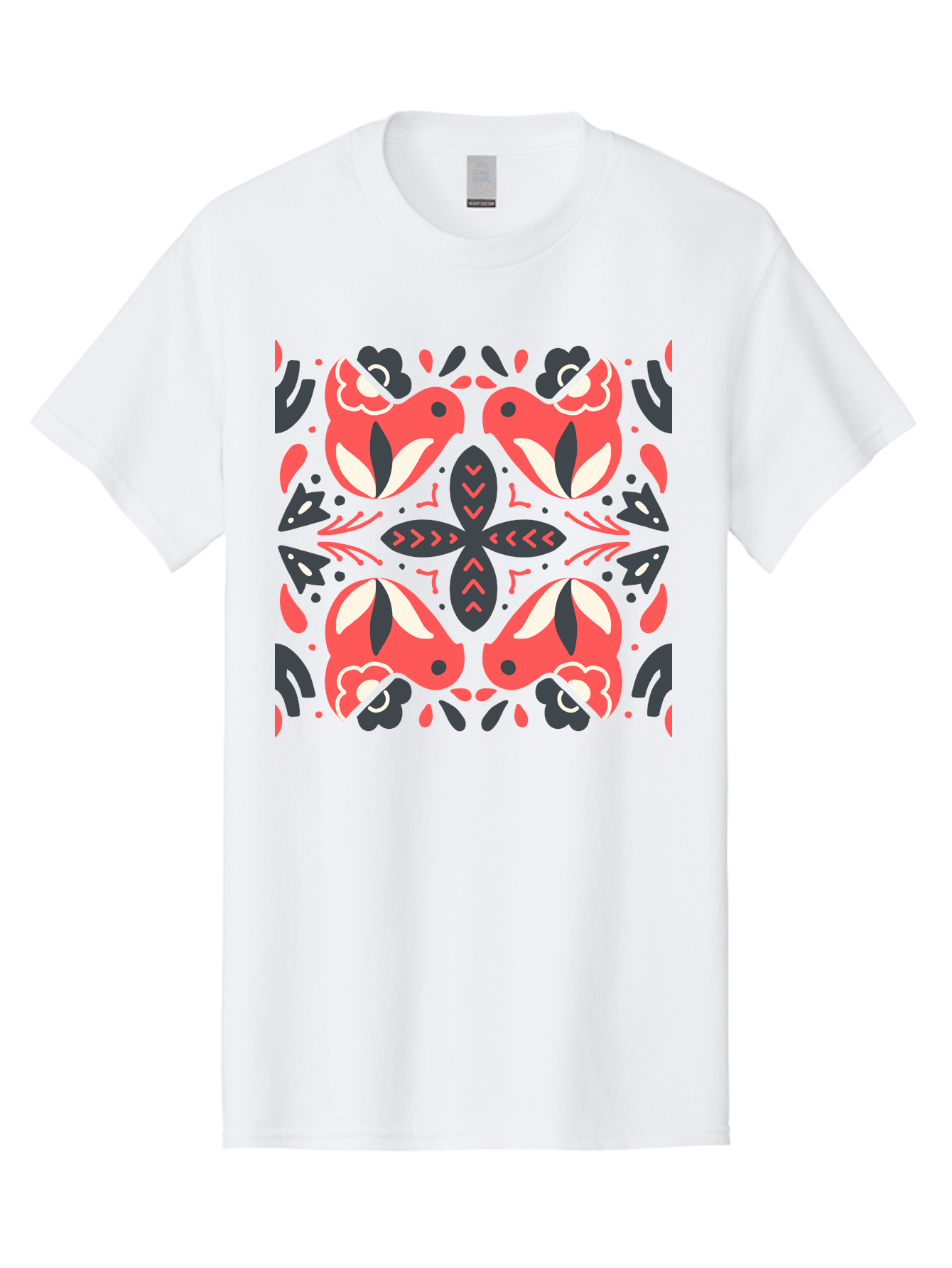 Kaleidoscope-Pattern Men'S Graphic Tee, 100% Cotton, Comfortable Casual Summer Wear, Machine Washable, Symmetrical Pattern, Floral Design, Abstract Shapes, Vibrant Colors, Bold Graphics, Modern Art, Red And White Flowers, Black Accents, Aab758