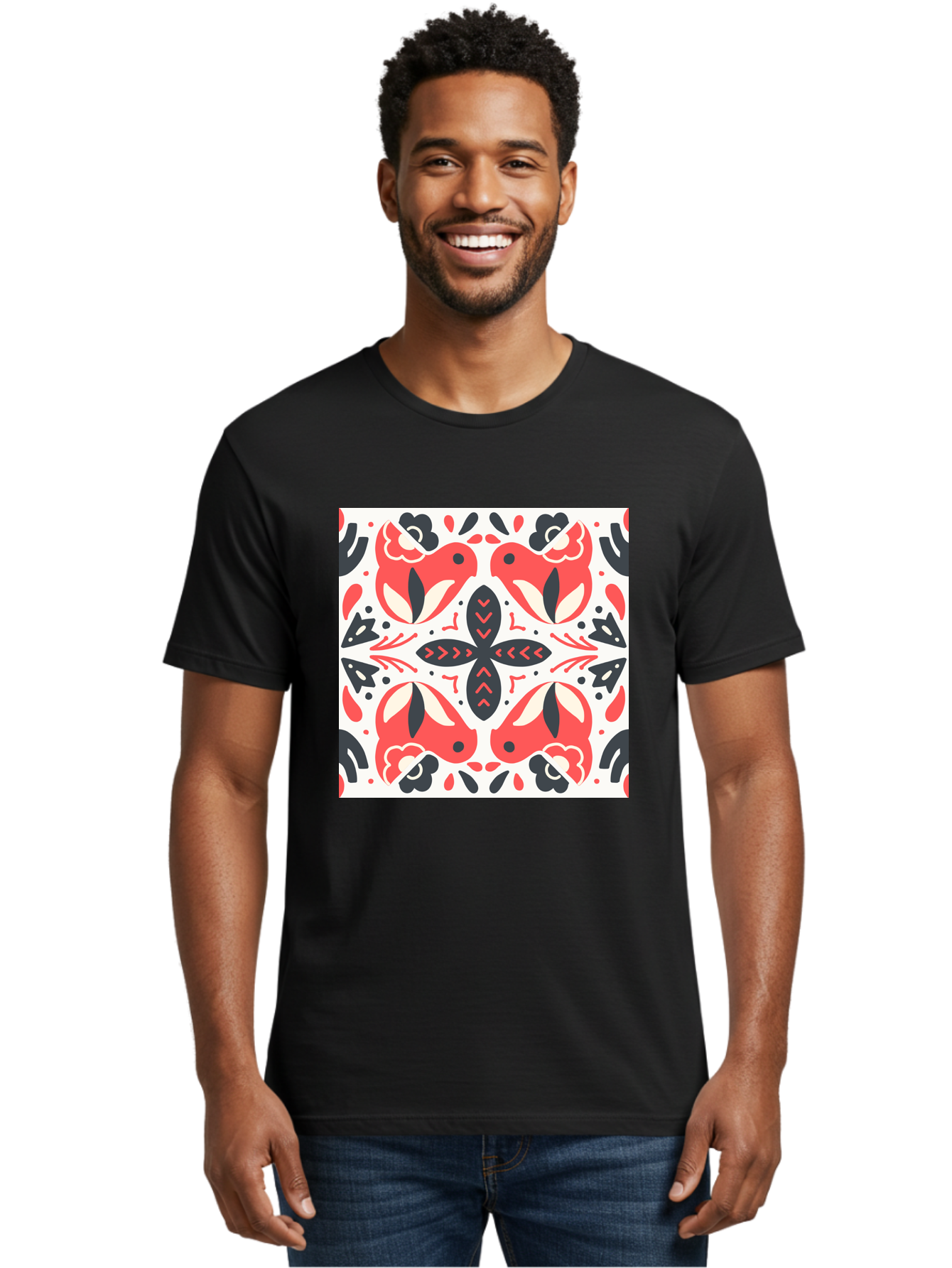 Koi-Fish-Pattern Men'S Graphic Tee, 100% Cotton, Comfortable Casual Summer Wear, Machine Washable, Koi Fish Pattern, Red And Black Design, Floral Motifs, Symmetrical Pattern, Abstract Shapes, Decorative Elements, Traditional Japanese Design, Aab761