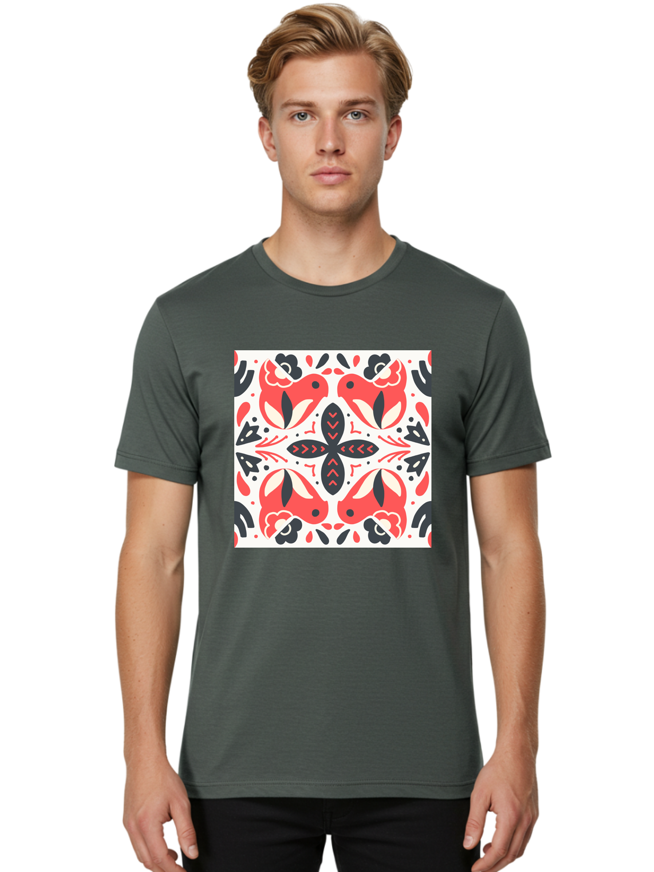 Koi-Fish-Pattern Men'S Graphic Tee, 100% Cotton, Comfortable Casual Summer Wear, Machine Washable, Koi Fish Pattern, Red And Black Design, Floral Motifs, Symmetrical Pattern, Abstract Shapes, Decorative Elements, Traditional Japanese Design, Aab761