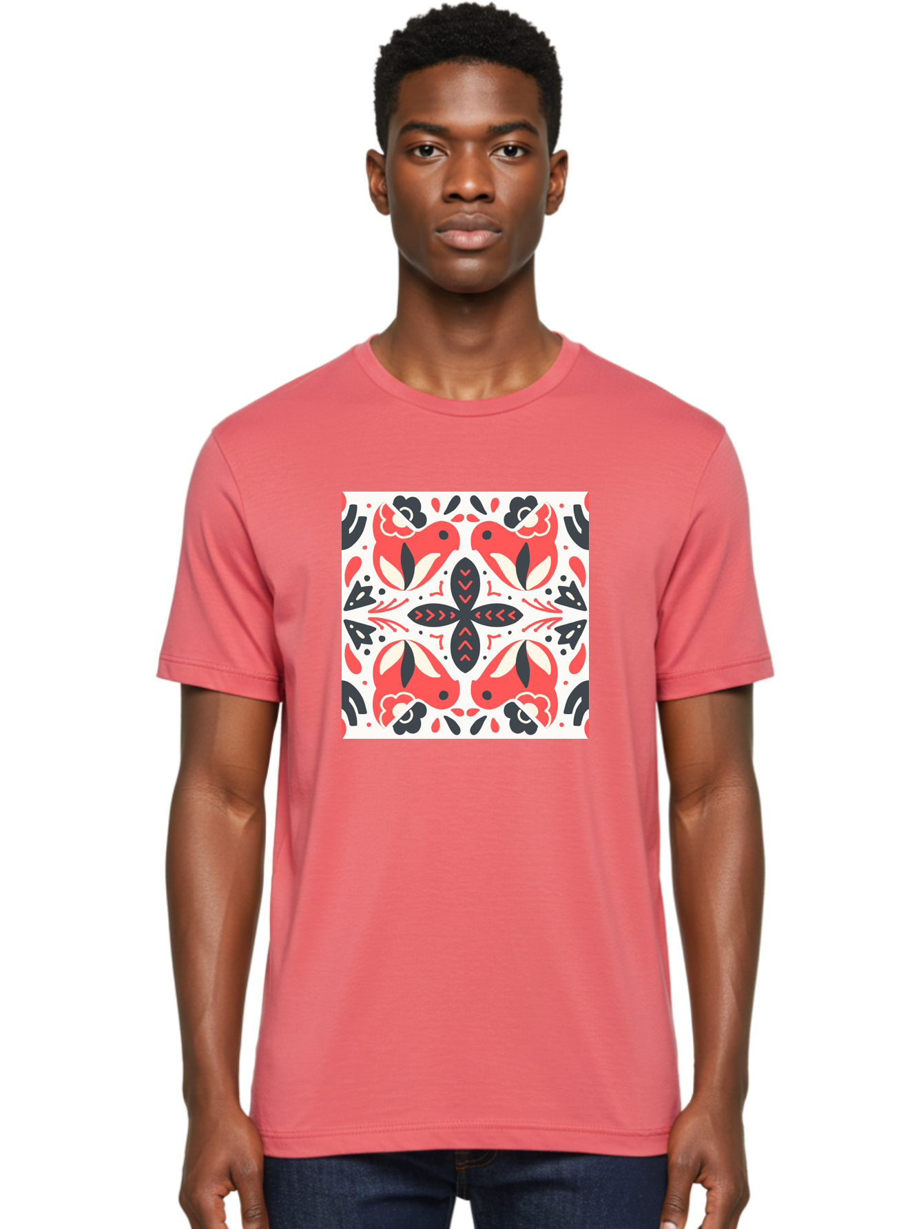 Koi-Fish-Pattern Men'S Graphic Tee, 100% Cotton, Comfortable Casual Summer Wear, Machine Washable, Koi Fish Pattern, Red And Black Design, Floral Motifs, Symmetrical Pattern, Abstract Shapes, Decorative Elements, Traditional Japanese Design, Aab761