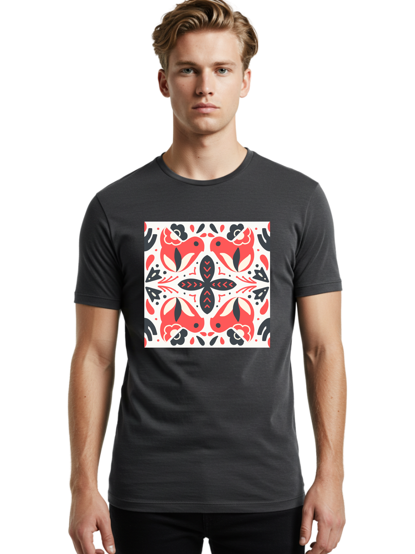 Koi-Fish-Pattern Men'S Graphic Tee, 100% Cotton, Comfortable Casual Summer Wear, Machine Washable, Koi Fish Pattern, Red And Black Design, Floral Motifs, Symmetrical Pattern, Abstract Shapes, Decorative Elements, Traditional Japanese Design, Aab761