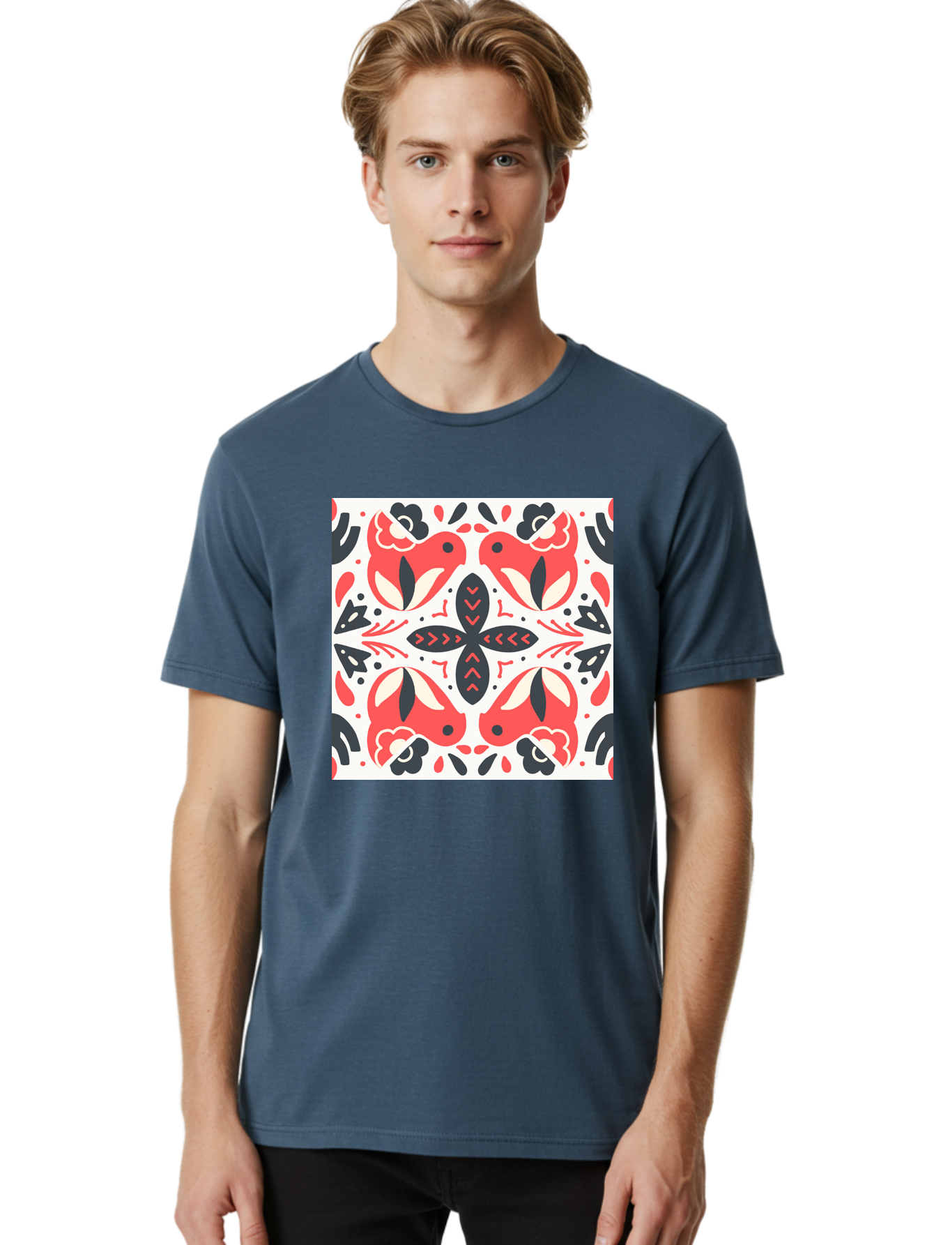 Koi-Fish-Pattern Men'S Graphic Tee, 100% Cotton, Comfortable Casual Summer Wear, Machine Washable, Koi Fish Pattern, Red And Black Design, Floral Motifs, Symmetrical Pattern, Abstract Shapes, Decorative Elements, Traditional Japanese Design, Aab761