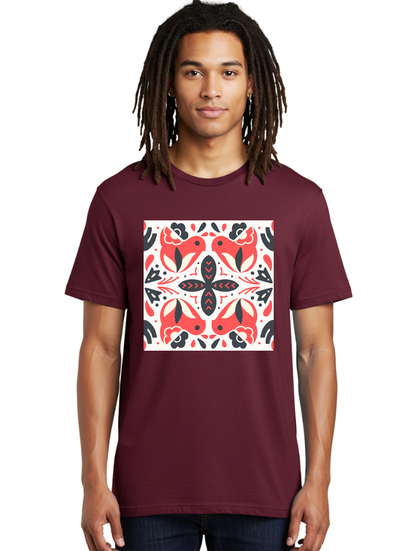 Koi-Fish-Pattern Men'S Graphic Tee, 100% Cotton, Comfortable Casual Summer Wear, Machine Washable, Koi Fish Pattern, Red And Black Design, Floral Motifs, Symmetrical Pattern, Abstract Shapes, Decorative Elements, Traditional Japanese Design, Aab761