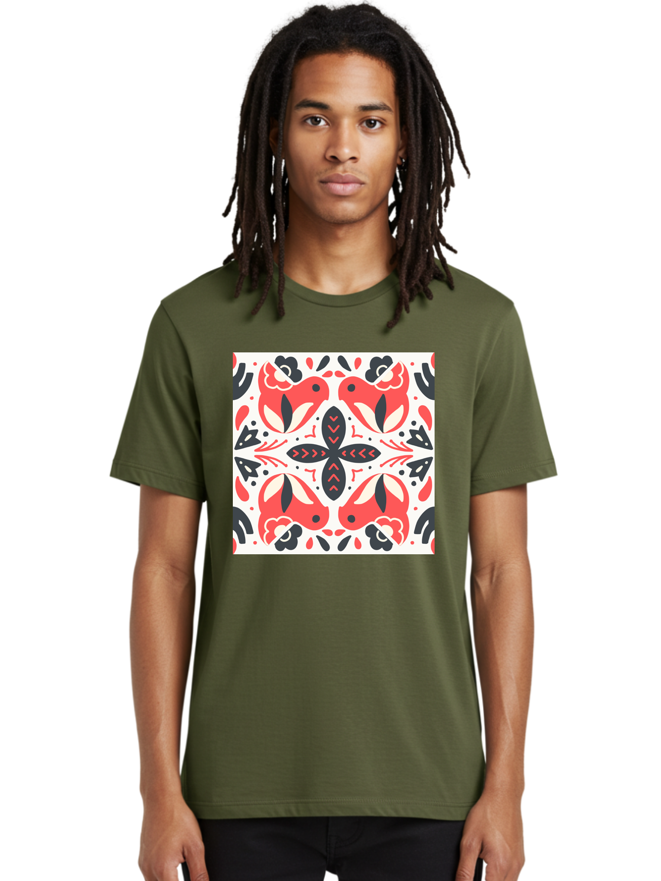 Koi-Fish-Pattern Men'S Graphic Tee, 100% Cotton, Comfortable Casual Summer Wear, Machine Washable, Koi Fish Pattern, Red And Black Design, Floral Motifs, Symmetrical Pattern, Abstract Shapes, Decorative Elements, Traditional Japanese Design, Aab761