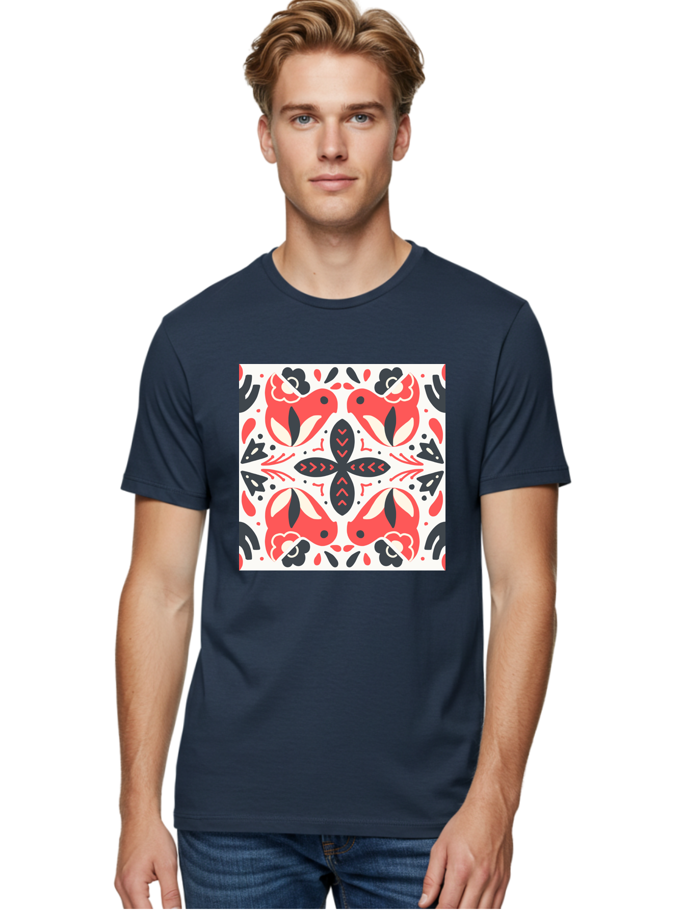 Koi-Fish-Pattern Men'S Graphic Tee, 100% Cotton, Comfortable Casual Summer Wear, Machine Washable, Koi Fish Pattern, Red And Black Design, Floral Motifs, Symmetrical Pattern, Abstract Shapes, Decorative Elements, Traditional Japanese Design, Aab761