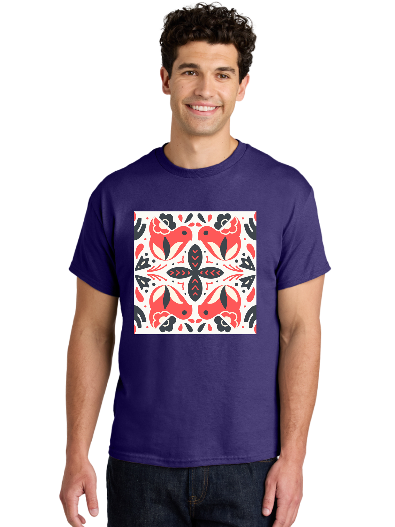 Koi-Fish-Pattern Men'S Graphic Tee, 100% Cotton, Comfortable Casual Summer Wear, Machine Washable, Koi Fish Pattern, Red And Black Design, Floral Motifs, Symmetrical Pattern, Abstract Shapes, Decorative Elements, Traditional Japanese Design, Aab761