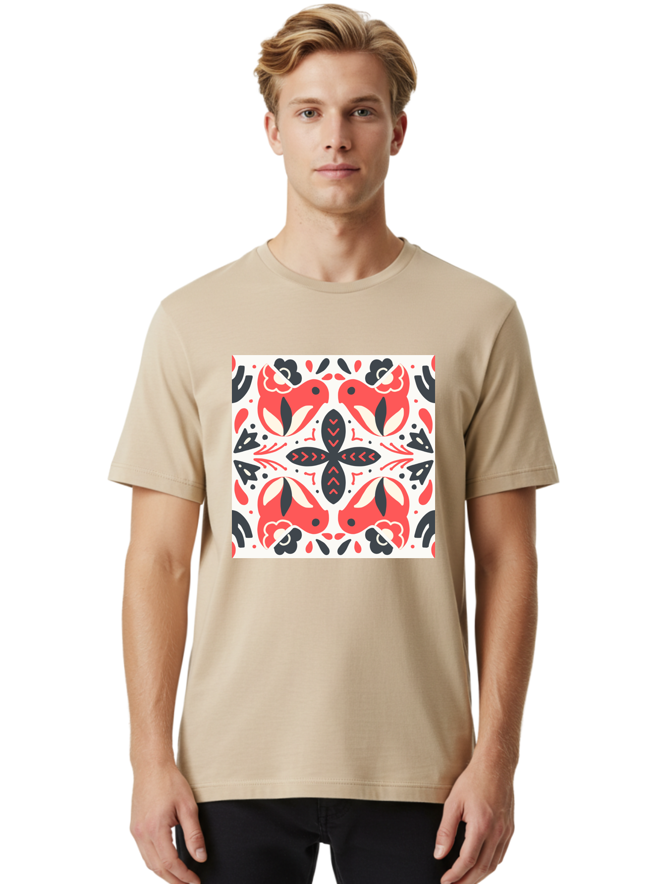Koi-Fish-Pattern Men'S Graphic Tee, 100% Cotton, Comfortable Casual Summer Wear, Machine Washable, Koi Fish Pattern, Red And Black Design, Floral Motifs, Symmetrical Pattern, Abstract Shapes, Decorative Elements, Traditional Japanese Design, Aab761