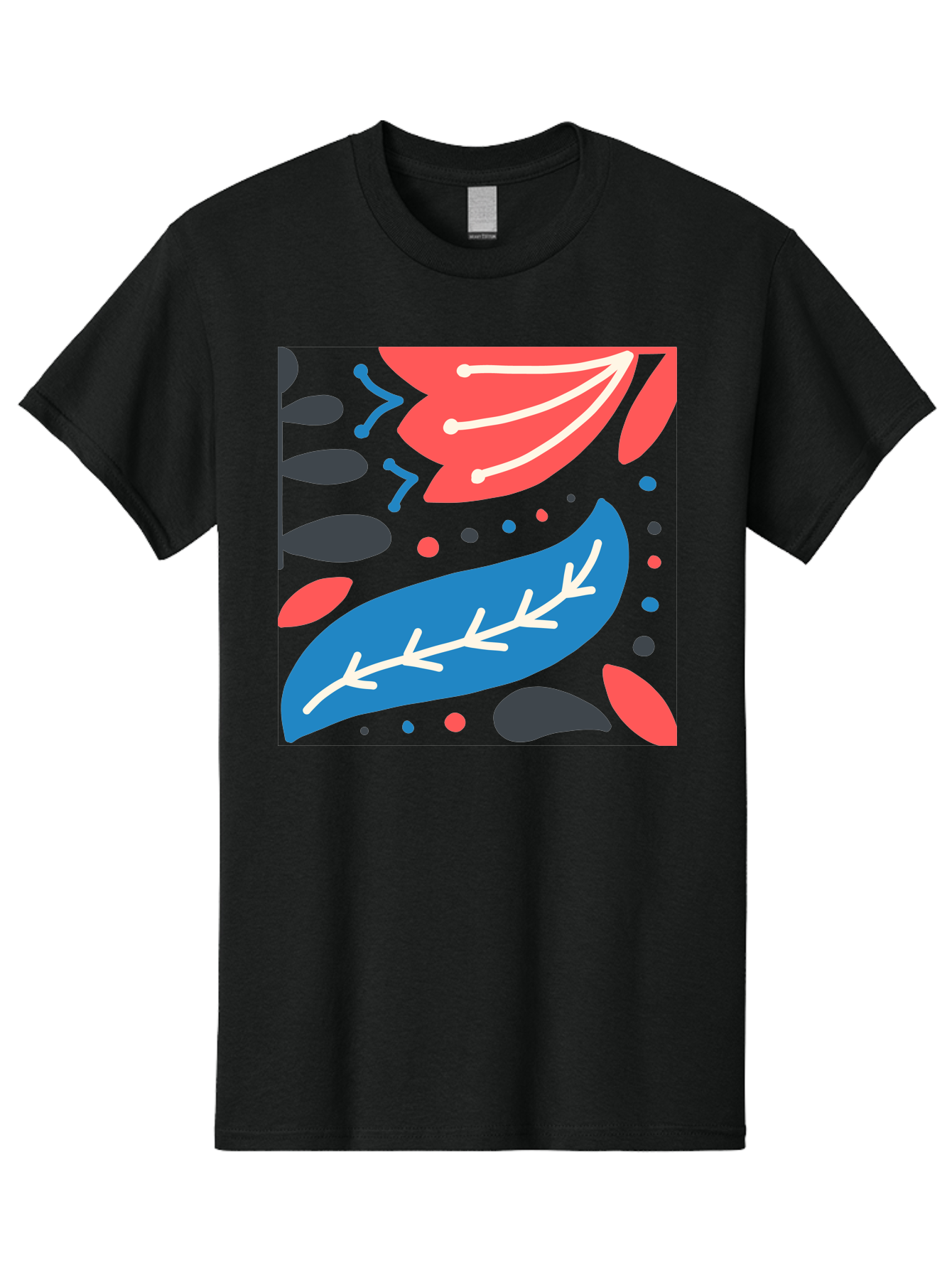 Leaf-Pattern Men'S Graphic Tee, 100% Cotton, Comfortable Casual Summer Wear, Machine Washable, Stylized Leaves, Abstract Design, Colorful Shapes, Playful Pattern, Blue And Red Leaves, White Veins, Scattered Dots, Creative Artwork, Aab763