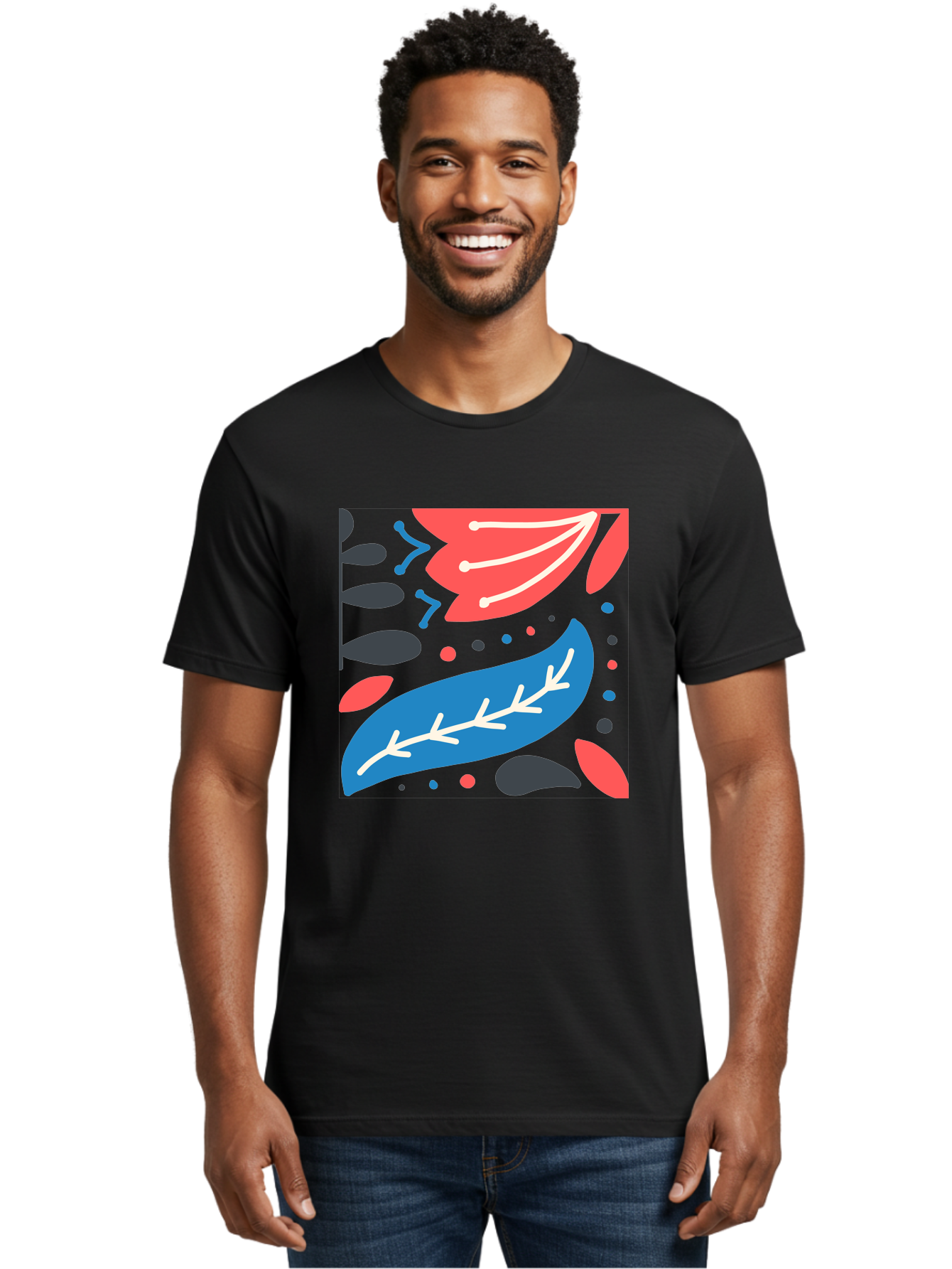 Leaf-Pattern Men'S Graphic Tee, 100% Cotton, Comfortable Casual Summer Wear, Machine Washable, Stylized Leaves, Abstract Design, Colorful Shapes, Playful Pattern, Blue And Red Leaves, White Veins, Scattered Dots, Creative Artwork, Aab763