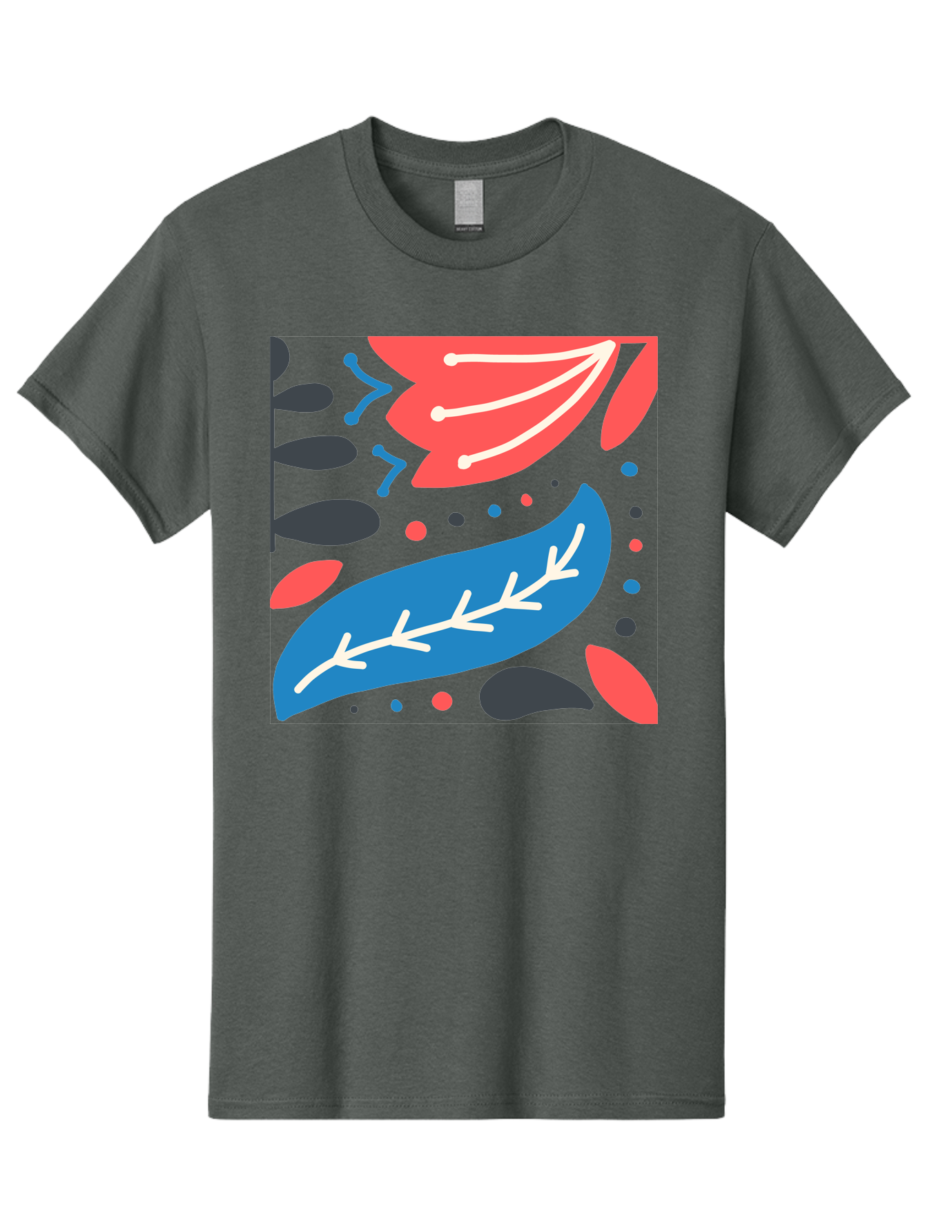 Leaf-Pattern Men'S Graphic Tee, 100% Cotton, Comfortable Casual Summer Wear, Machine Washable, Stylized Leaves, Abstract Design, Colorful Shapes, Playful Pattern, Blue And Red Leaves, White Veins, Scattered Dots, Creative Artwork, Aab763