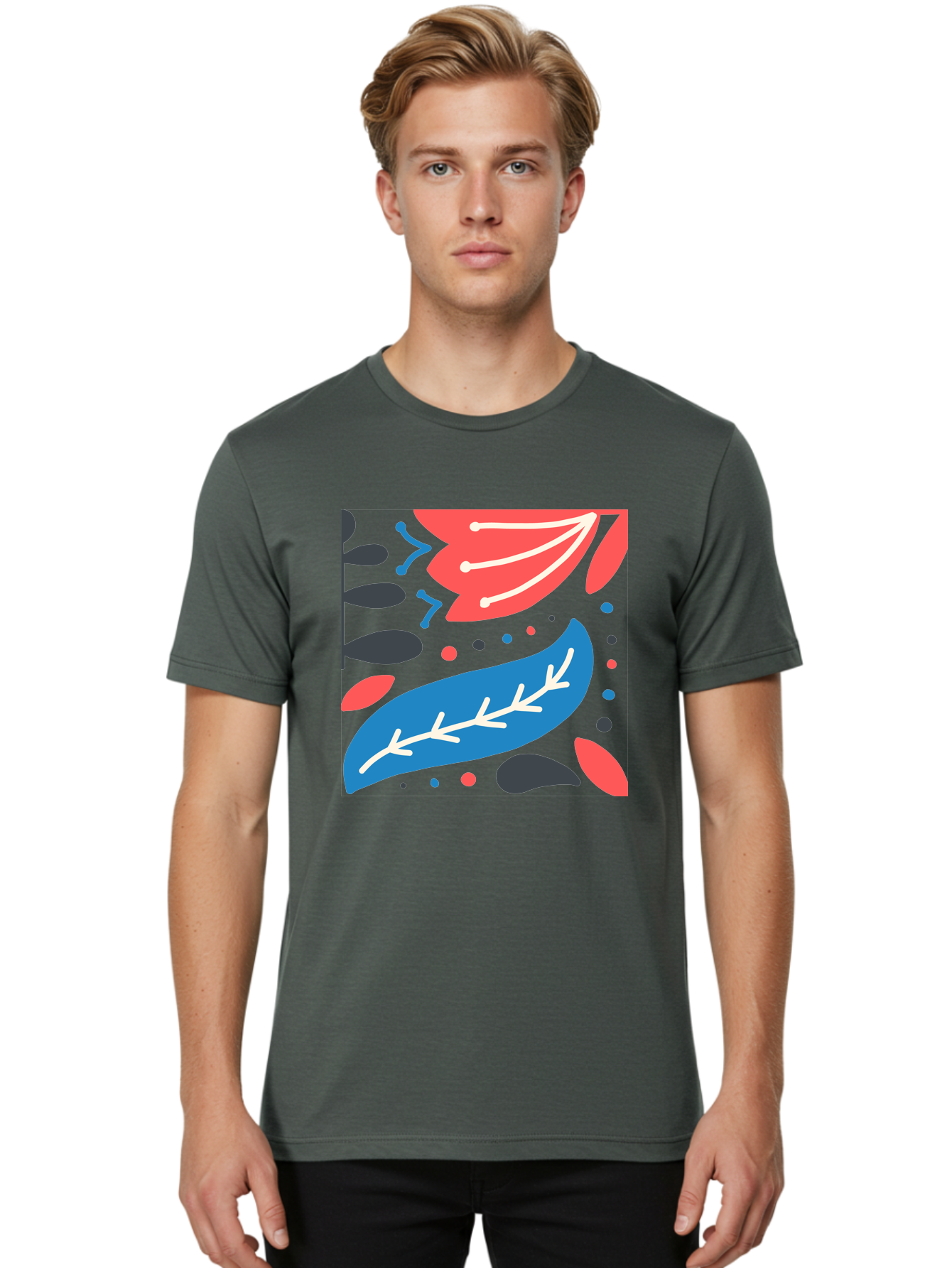 Leaf-Pattern Men'S Graphic Tee, 100% Cotton, Comfortable Casual Summer Wear, Machine Washable, Stylized Leaves, Abstract Design, Colorful Shapes, Playful Pattern, Blue And Red Leaves, White Veins, Scattered Dots, Creative Artwork, Aab763