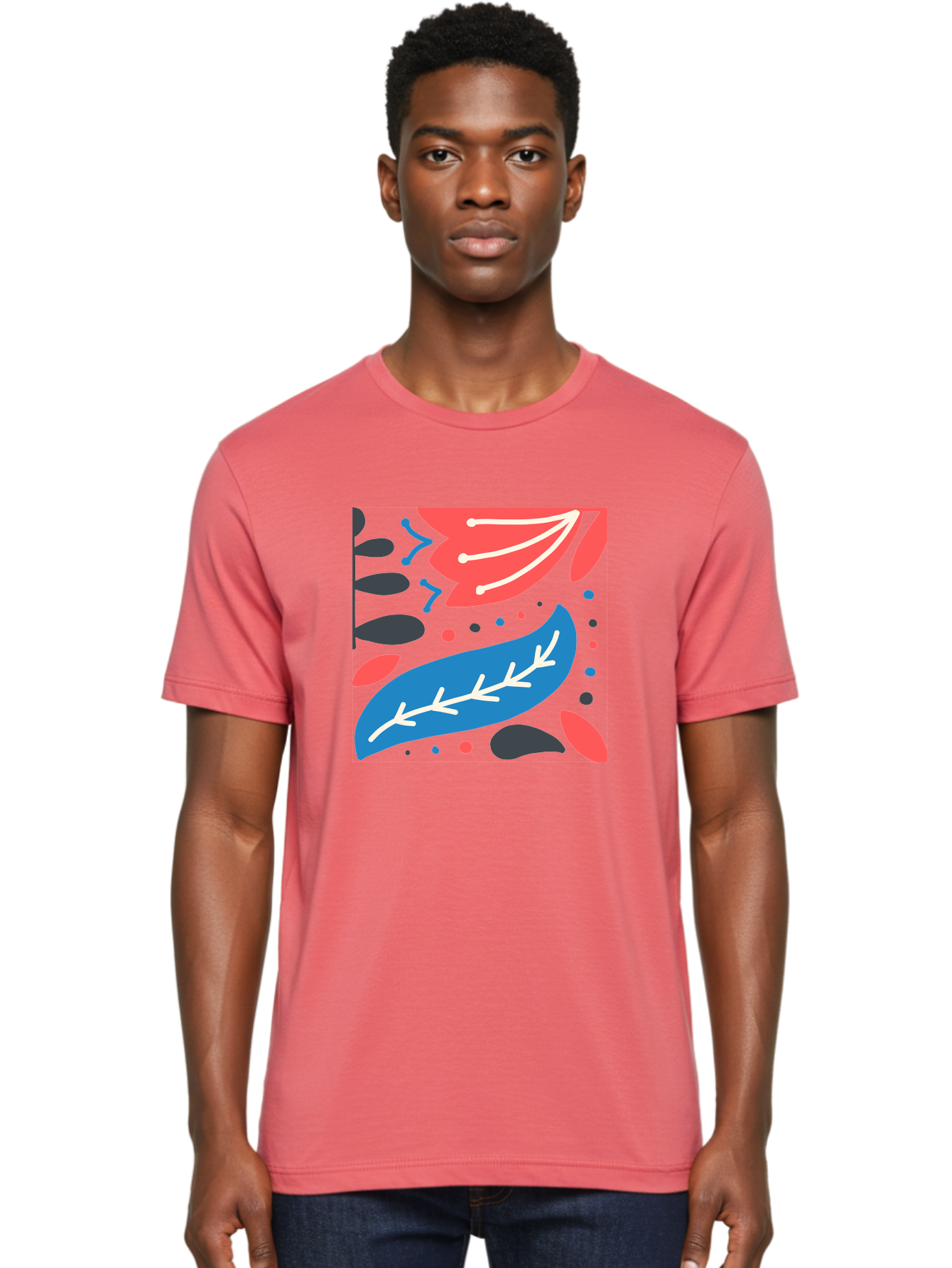 Leaf-Pattern Men'S Graphic Tee, 100% Cotton, Comfortable Casual Summer Wear, Machine Washable, Stylized Leaves, Abstract Design, Colorful Shapes, Playful Pattern, Blue And Red Leaves, White Veins, Scattered Dots, Creative Artwork, Aab763