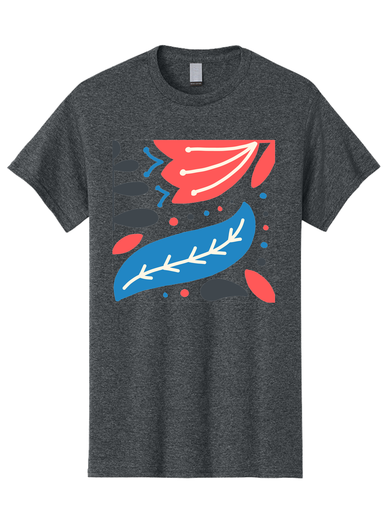 Leaf-Pattern Men'S Graphic Tee, 100% Cotton, Comfortable Casual Summer Wear, Machine Washable, Stylized Leaves, Abstract Design, Colorful Shapes, Playful Pattern, Blue And Red Leaves, White Veins, Scattered Dots, Creative Artwork, Aab763