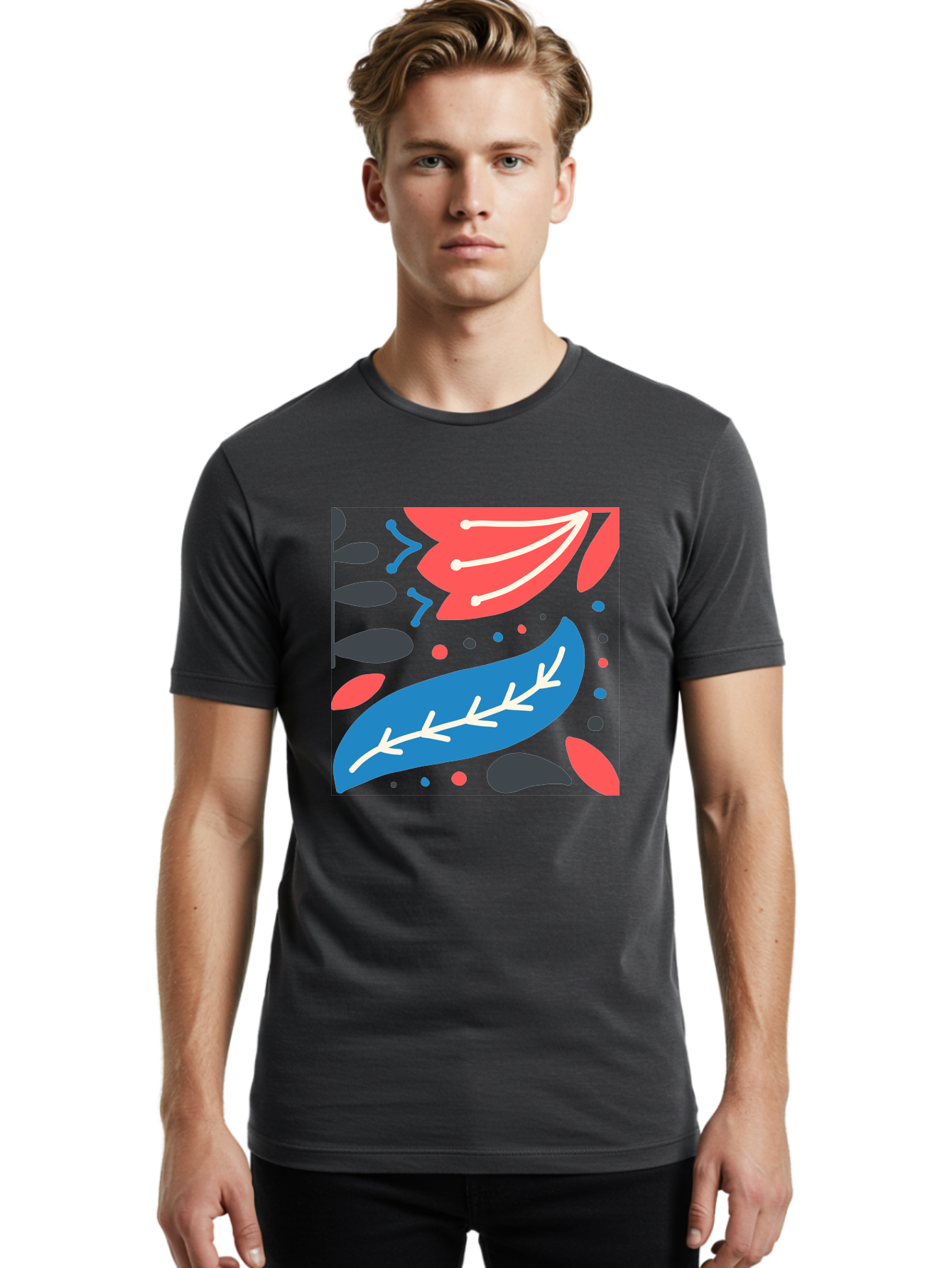 Leaf-Pattern Men'S Graphic Tee, 100% Cotton, Comfortable Casual Summer Wear, Machine Washable, Stylized Leaves, Abstract Design, Colorful Shapes, Playful Pattern, Blue And Red Leaves, White Veins, Scattered Dots, Creative Artwork, Aab763