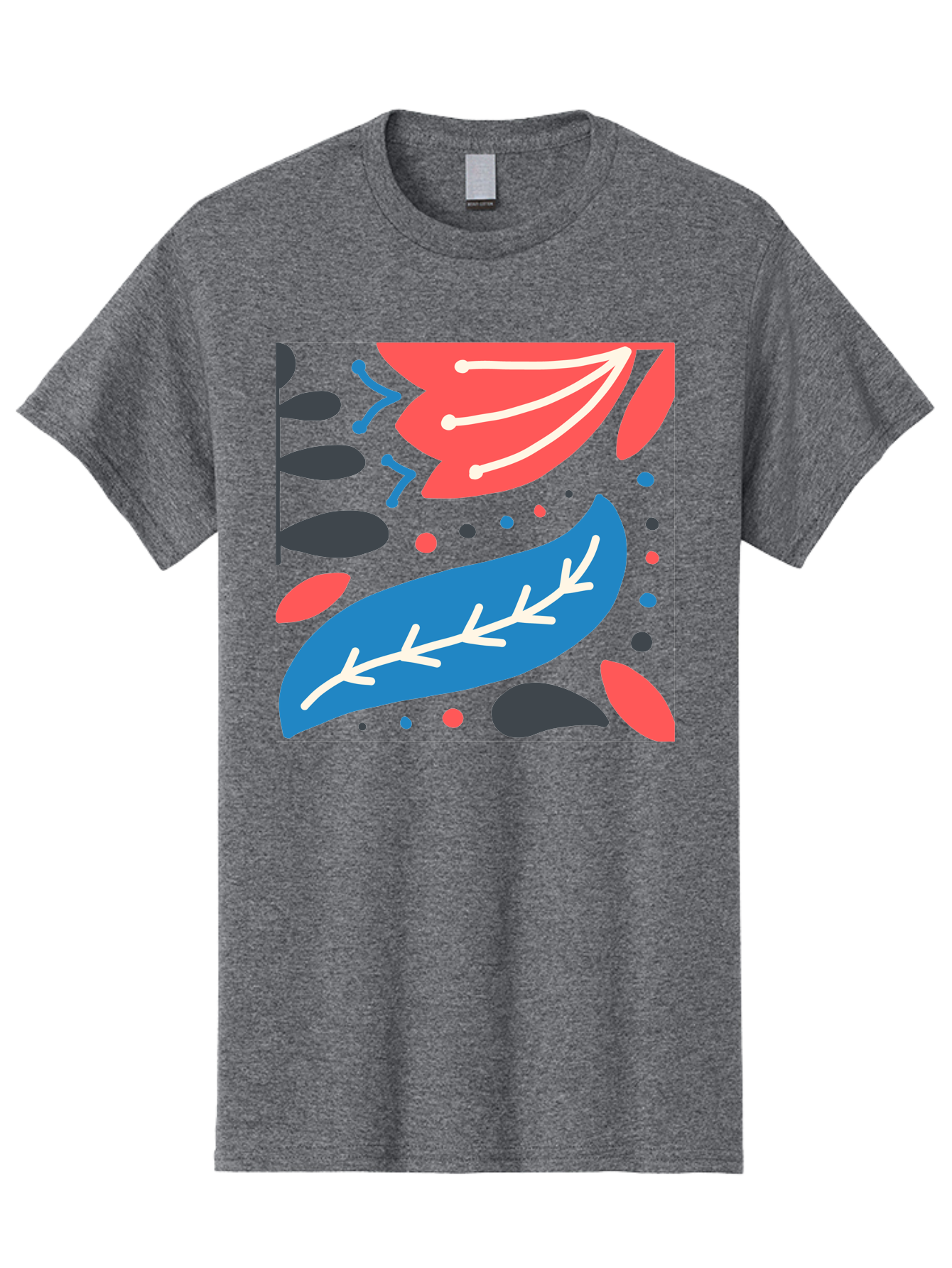 Leaf-Pattern Men'S Graphic Tee, 100% Cotton, Comfortable Casual Summer Wear, Machine Washable, Stylized Leaves, Abstract Design, Colorful Shapes, Playful Pattern, Blue And Red Leaves, White Veins, Scattered Dots, Creative Artwork, Aab763