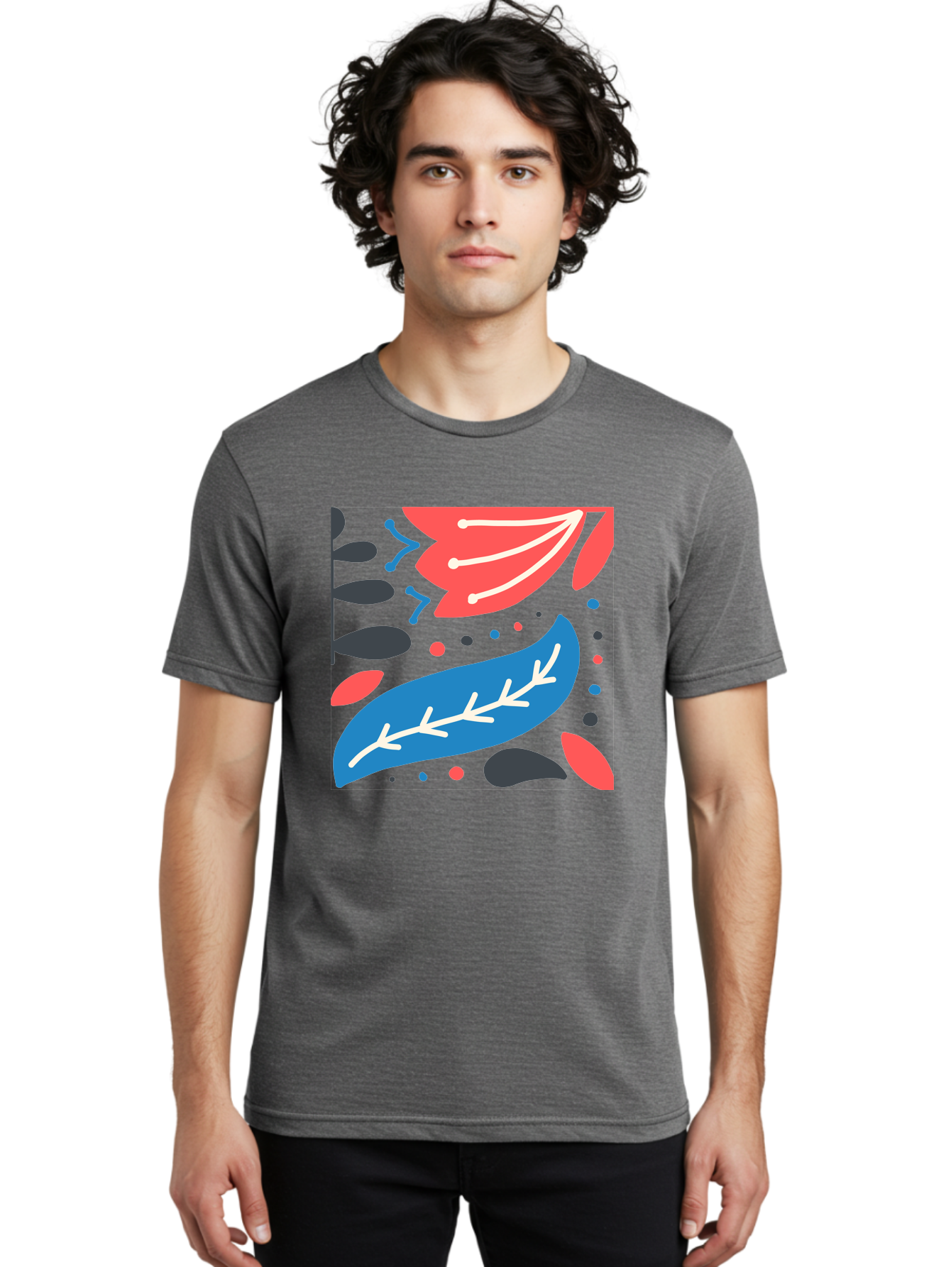 Leaf-Pattern Men'S Graphic Tee, 100% Cotton, Comfortable Casual Summer Wear, Machine Washable, Stylized Leaves, Abstract Design, Colorful Shapes, Playful Pattern, Blue And Red Leaves, White Veins, Scattered Dots, Creative Artwork, Aab763