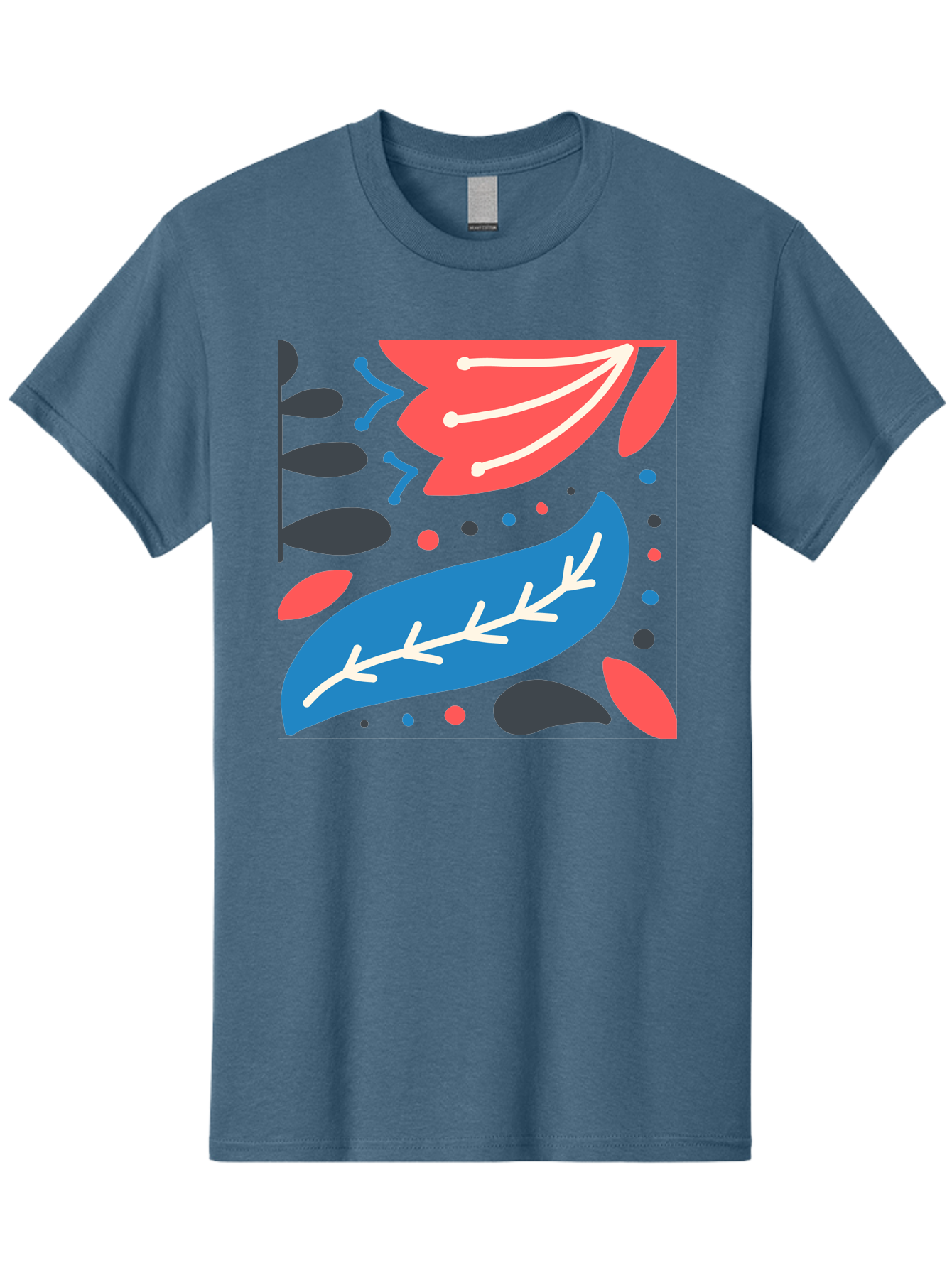 Leaf-Pattern Men'S Graphic Tee, 100% Cotton, Comfortable Casual Summer Wear, Machine Washable, Stylized Leaves, Abstract Design, Colorful Shapes, Playful Pattern, Blue And Red Leaves, White Veins, Scattered Dots, Creative Artwork, Aab763