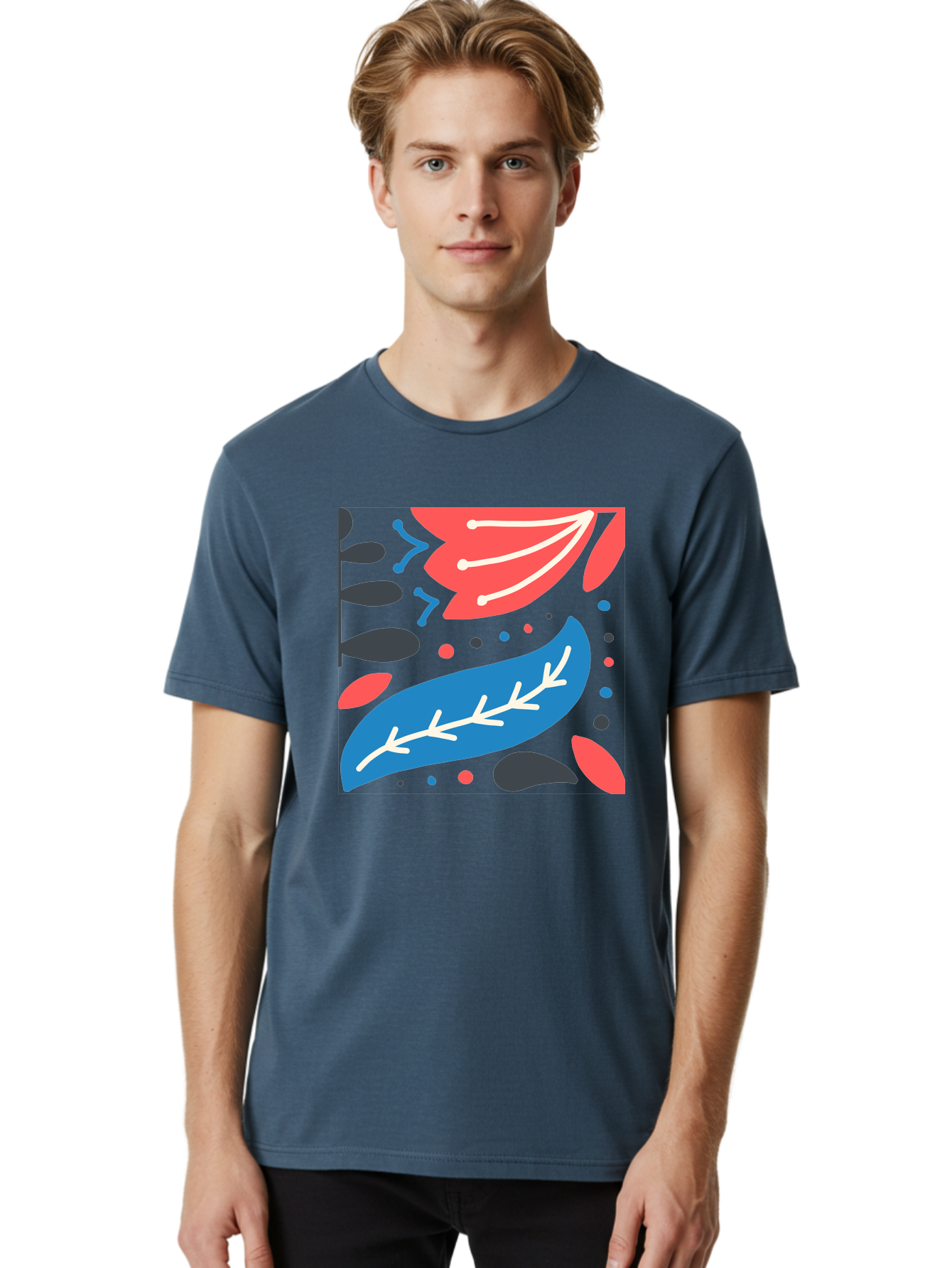 Leaf-Pattern Men'S Graphic Tee, 100% Cotton, Comfortable Casual Summer Wear, Machine Washable, Stylized Leaves, Abstract Design, Colorful Shapes, Playful Pattern, Blue And Red Leaves, White Veins, Scattered Dots, Creative Artwork, Aab763