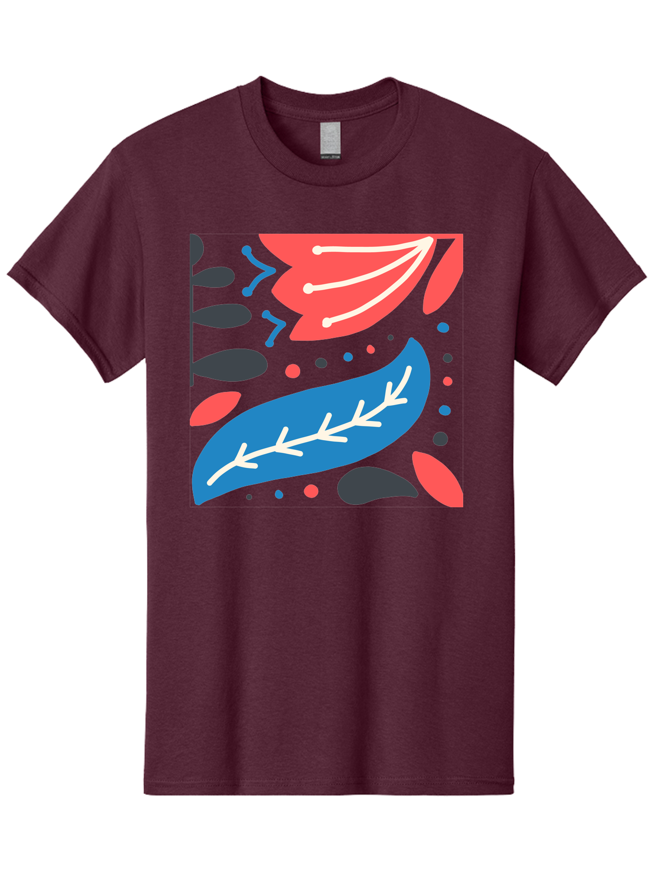 Leaf-Pattern Men'S Graphic Tee, 100% Cotton, Comfortable Casual Summer Wear, Machine Washable, Stylized Leaves, Abstract Design, Colorful Shapes, Playful Pattern, Blue And Red Leaves, White Veins, Scattered Dots, Creative Artwork, Aab763