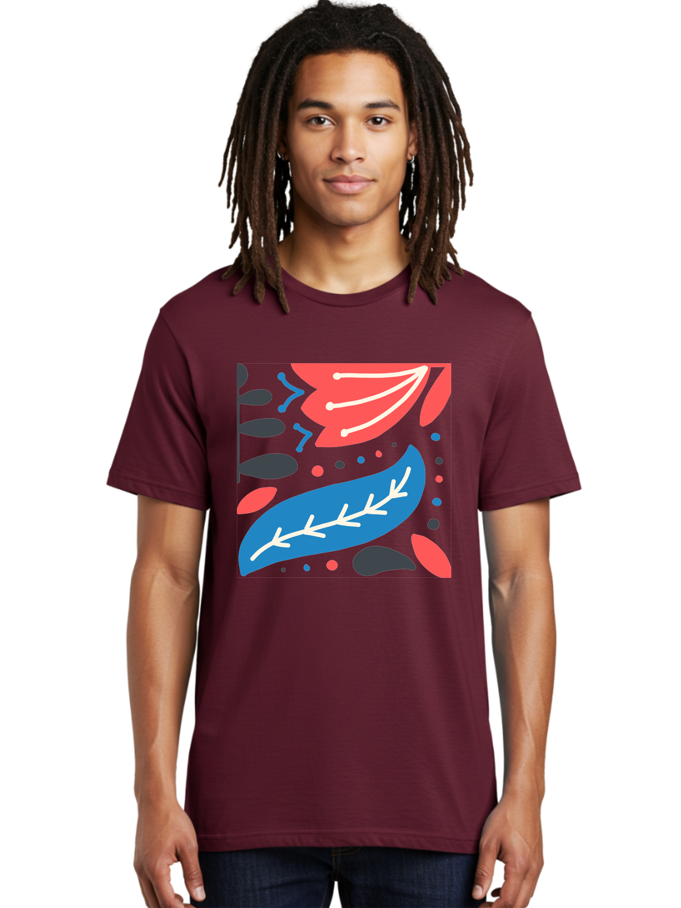 Leaf-Pattern Men'S Graphic Tee, 100% Cotton, Comfortable Casual Summer Wear, Machine Washable, Stylized Leaves, Abstract Design, Colorful Shapes, Playful Pattern, Blue And Red Leaves, White Veins, Scattered Dots, Creative Artwork, Aab763