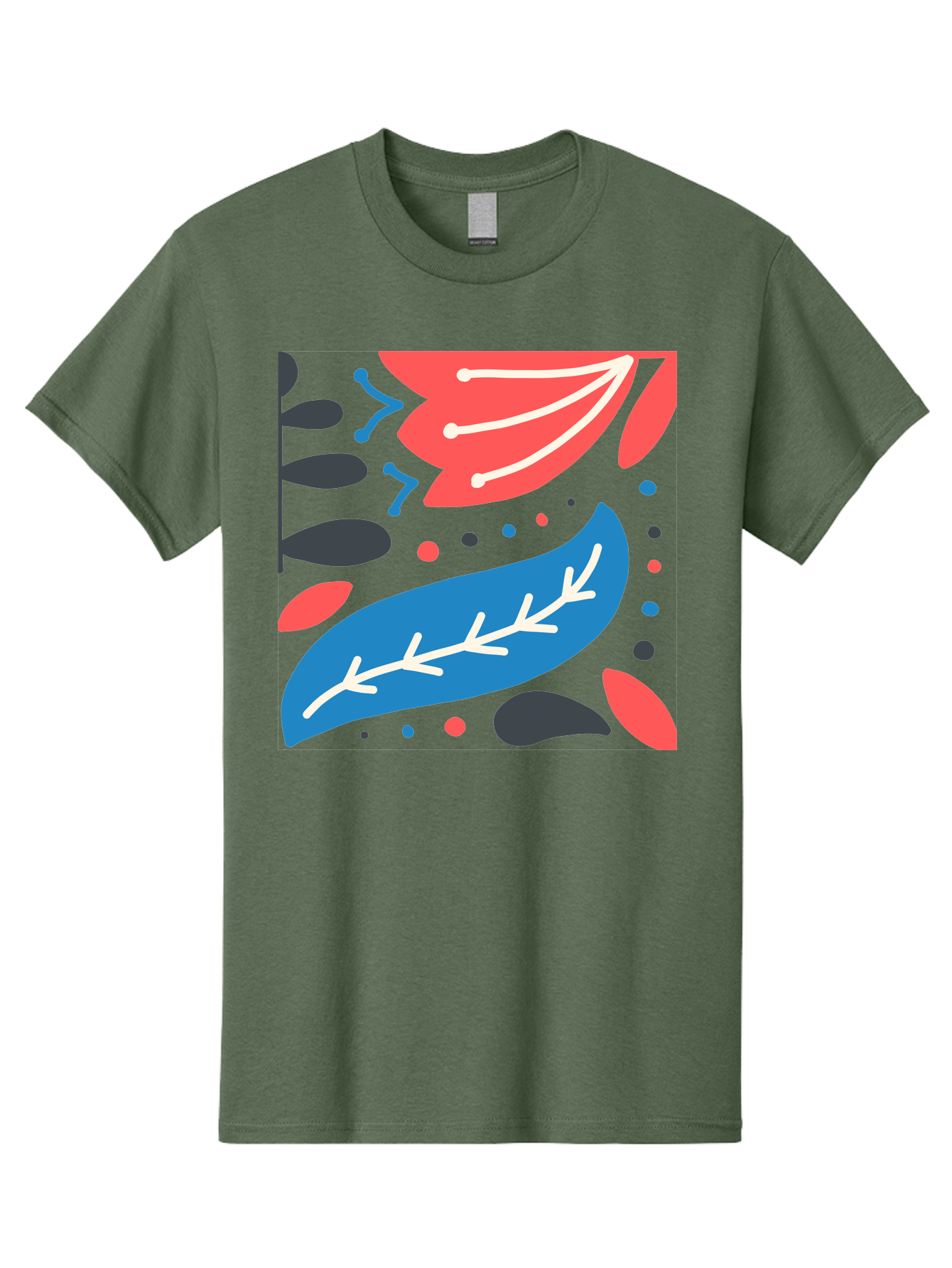 Leaf-Pattern Men'S Graphic Tee, 100% Cotton, Comfortable Casual Summer Wear, Machine Washable, Stylized Leaves, Abstract Design, Colorful Shapes, Playful Pattern, Blue And Red Leaves, White Veins, Scattered Dots, Creative Artwork, Aab763
