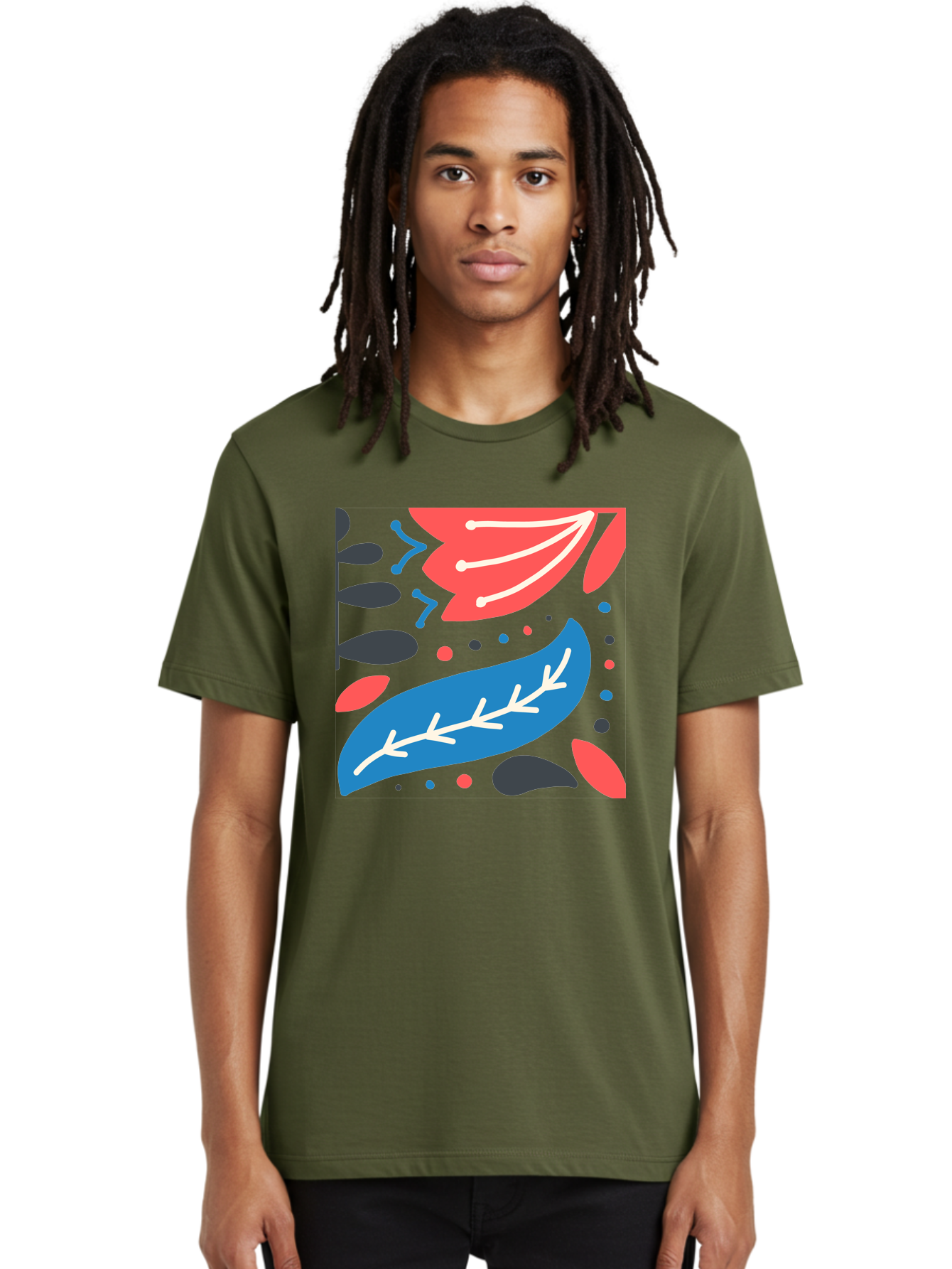 Leaf-Pattern Men'S Graphic Tee, 100% Cotton, Comfortable Casual Summer Wear, Machine Washable, Stylized Leaves, Abstract Design, Colorful Shapes, Playful Pattern, Blue And Red Leaves, White Veins, Scattered Dots, Creative Artwork, Aab763