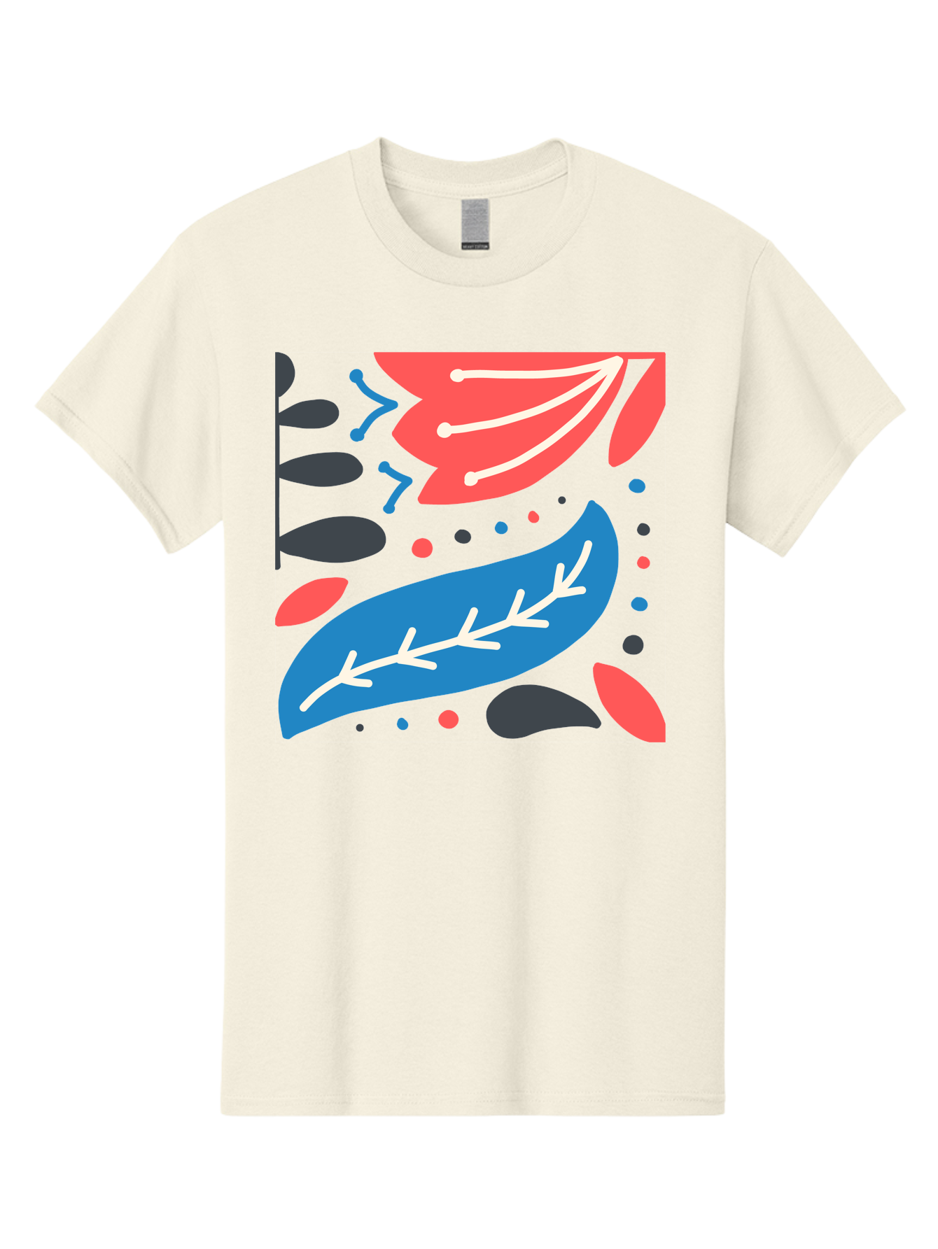 Leaf-Pattern Men'S Graphic Tee, 100% Cotton, Comfortable Casual Summer Wear, Machine Washable, Stylized Leaves, Abstract Design, Colorful Shapes, Playful Pattern, Blue And Red Leaves, White Veins, Scattered Dots, Creative Artwork, Aab763