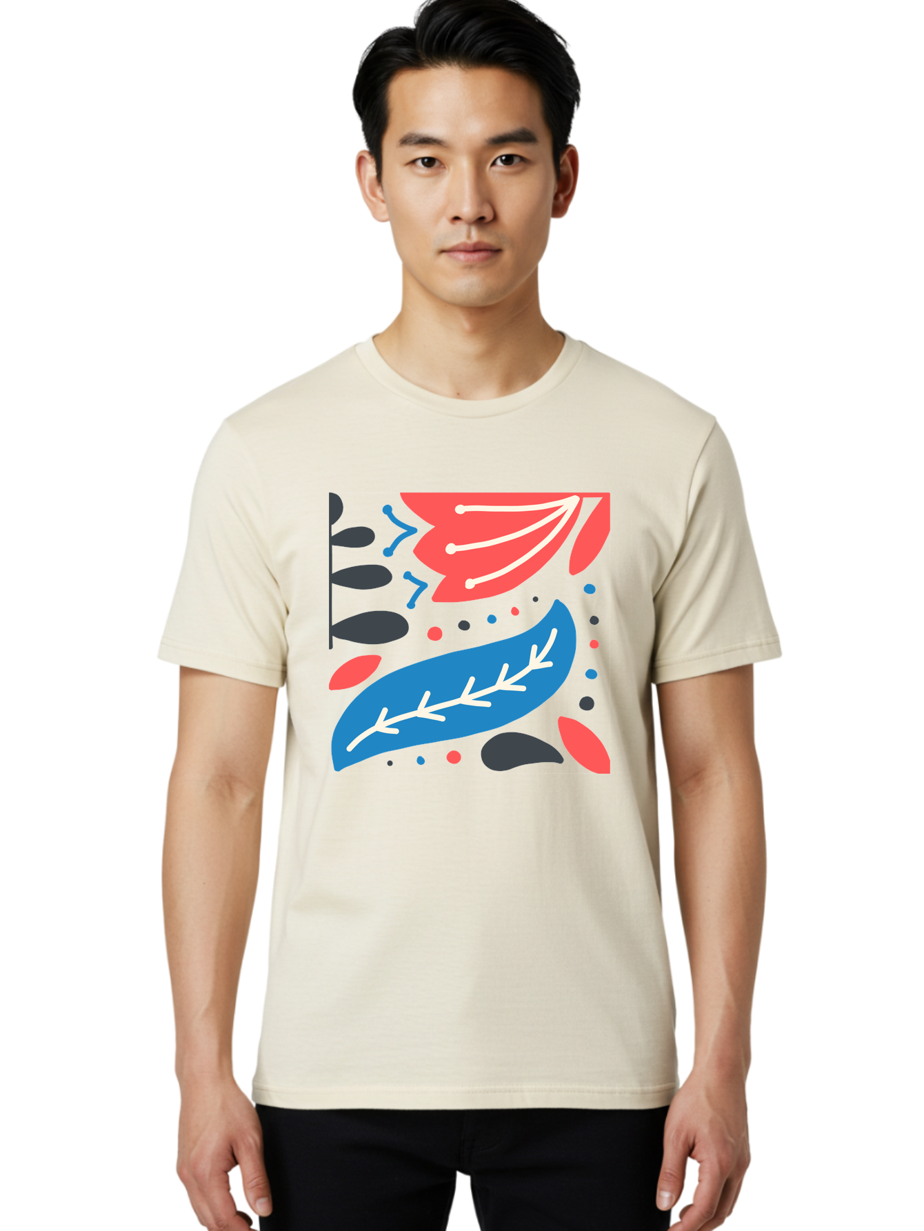 Leaf-Pattern Men'S Graphic Tee, 100% Cotton, Comfortable Casual Summer Wear, Machine Washable, Stylized Leaves, Abstract Design, Colorful Shapes, Playful Pattern, Blue And Red Leaves, White Veins, Scattered Dots, Creative Artwork, Aab763