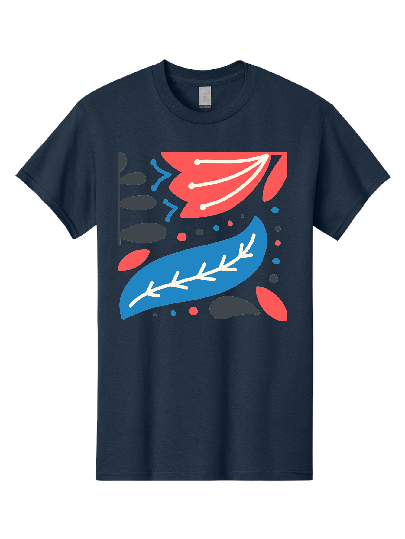 Leaf-Pattern Men'S Graphic Tee, 100% Cotton, Comfortable Casual Summer Wear, Machine Washable, Stylized Leaves, Abstract Design, Colorful Shapes, Playful Pattern, Blue And Red Leaves, White Veins, Scattered Dots, Creative Artwork, Aab763