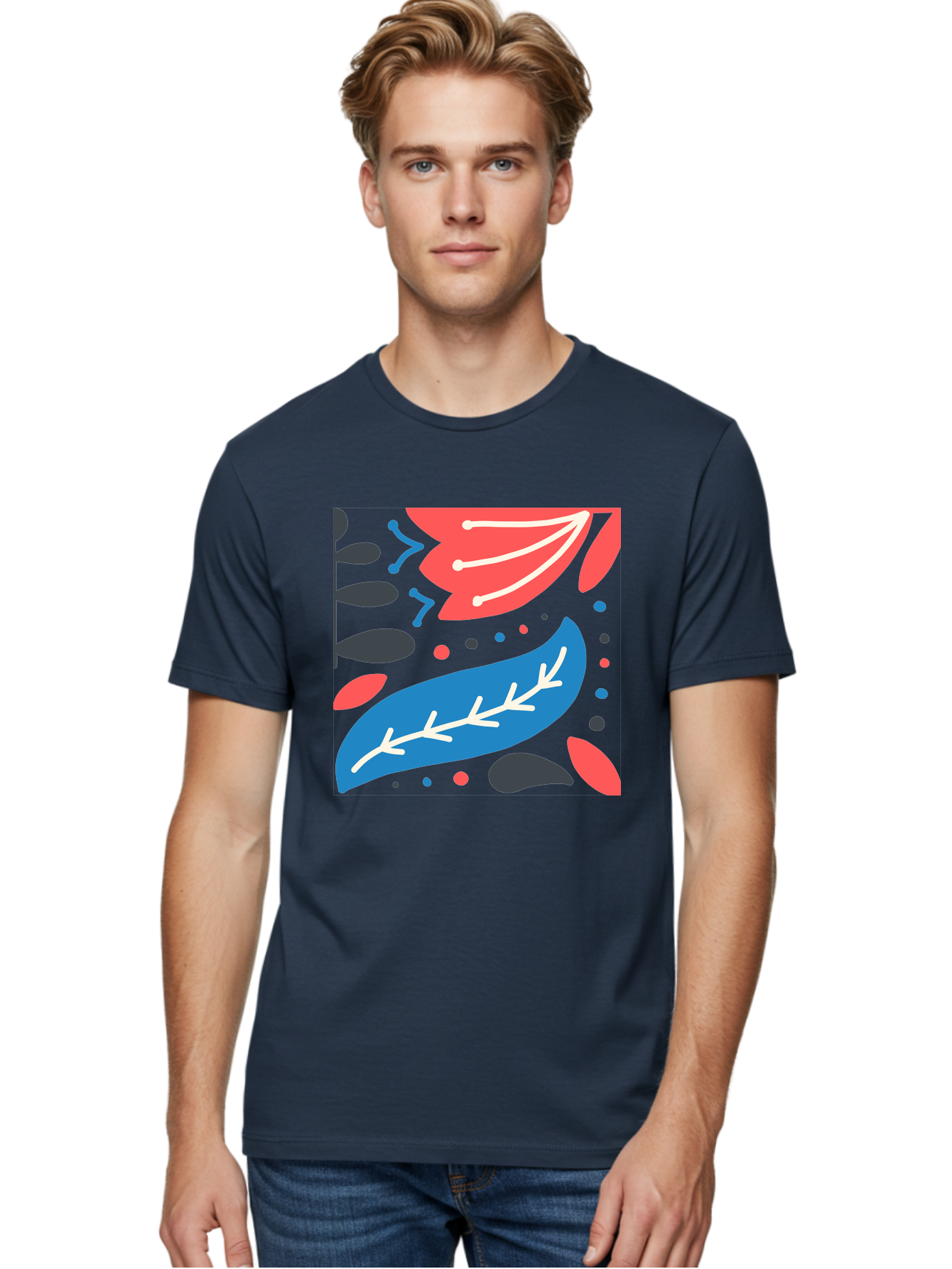 Leaf-Pattern Men'S Graphic Tee, 100% Cotton, Comfortable Casual Summer Wear, Machine Washable, Stylized Leaves, Abstract Design, Colorful Shapes, Playful Pattern, Blue And Red Leaves, White Veins, Scattered Dots, Creative Artwork, Aab763