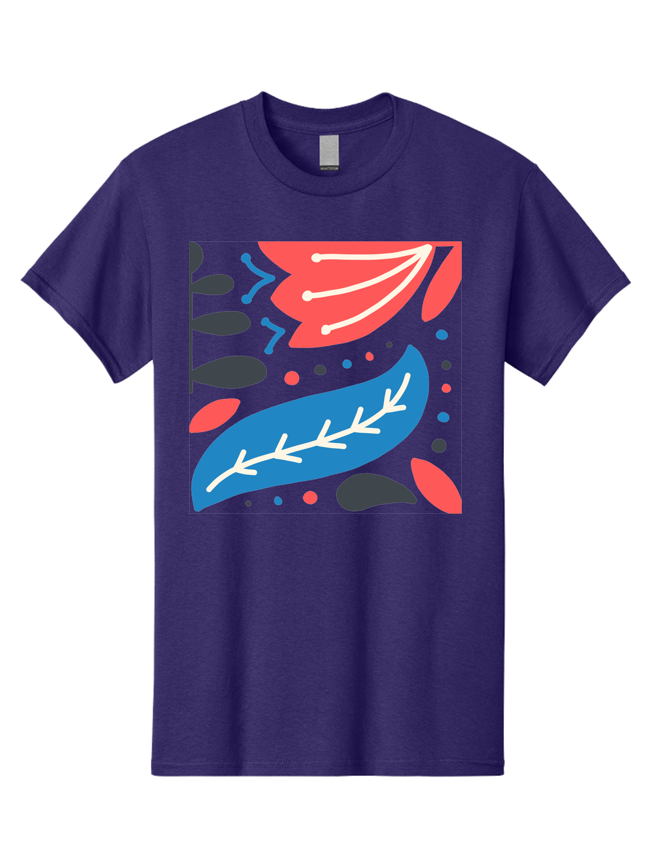 Leaf-Pattern Men'S Graphic Tee, 100% Cotton, Comfortable Casual Summer Wear, Machine Washable, Stylized Leaves, Abstract Design, Colorful Shapes, Playful Pattern, Blue And Red Leaves, White Veins, Scattered Dots, Creative Artwork, Aab763