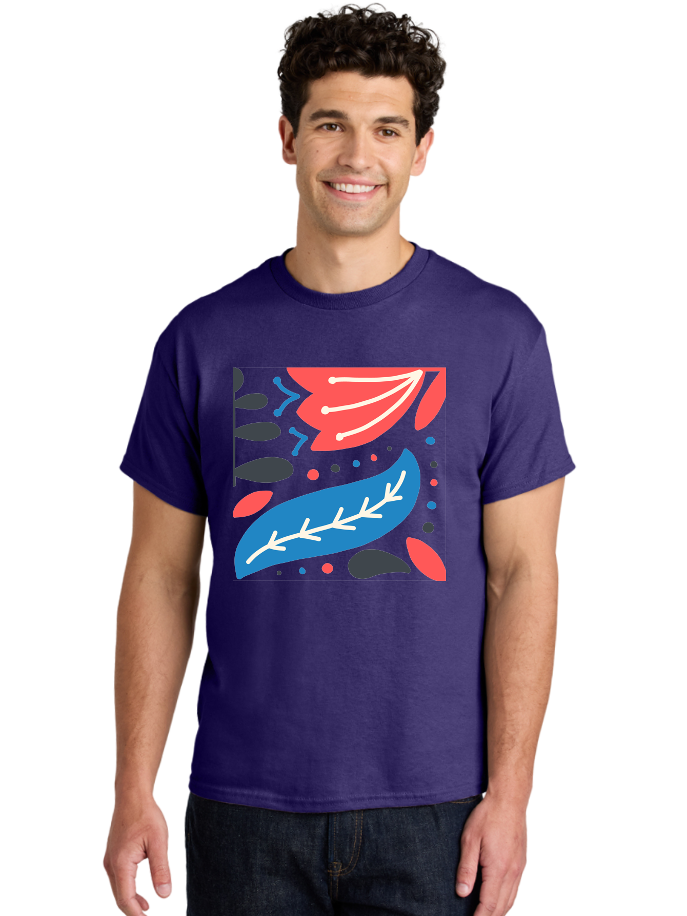 Leaf-Pattern Men'S Graphic Tee, 100% Cotton, Comfortable Casual Summer Wear, Machine Washable, Stylized Leaves, Abstract Design, Colorful Shapes, Playful Pattern, Blue And Red Leaves, White Veins, Scattered Dots, Creative Artwork, Aab763