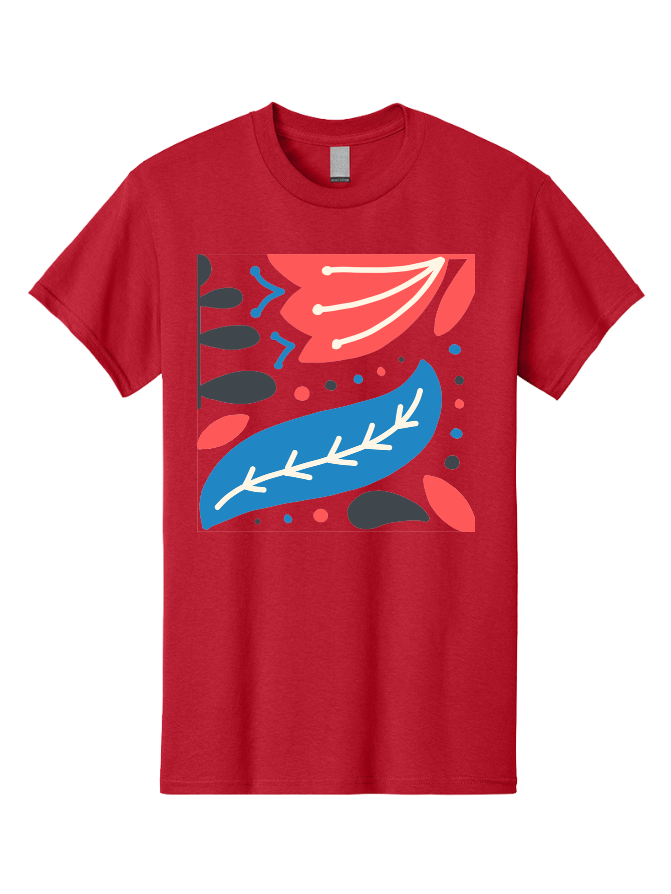 Leaf-Pattern Men'S Graphic Tee, 100% Cotton, Comfortable Casual Summer Wear, Machine Washable, Stylized Leaves, Abstract Design, Colorful Shapes, Playful Pattern, Blue And Red Leaves, White Veins, Scattered Dots, Creative Artwork, Aab763