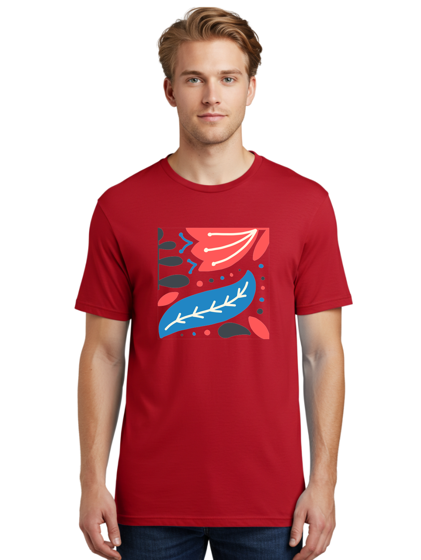 Leaf-Pattern Men'S Graphic Tee, 100% Cotton, Comfortable Casual Summer Wear, Machine Washable, Stylized Leaves, Abstract Design, Colorful Shapes, Playful Pattern, Blue And Red Leaves, White Veins, Scattered Dots, Creative Artwork, Aab763