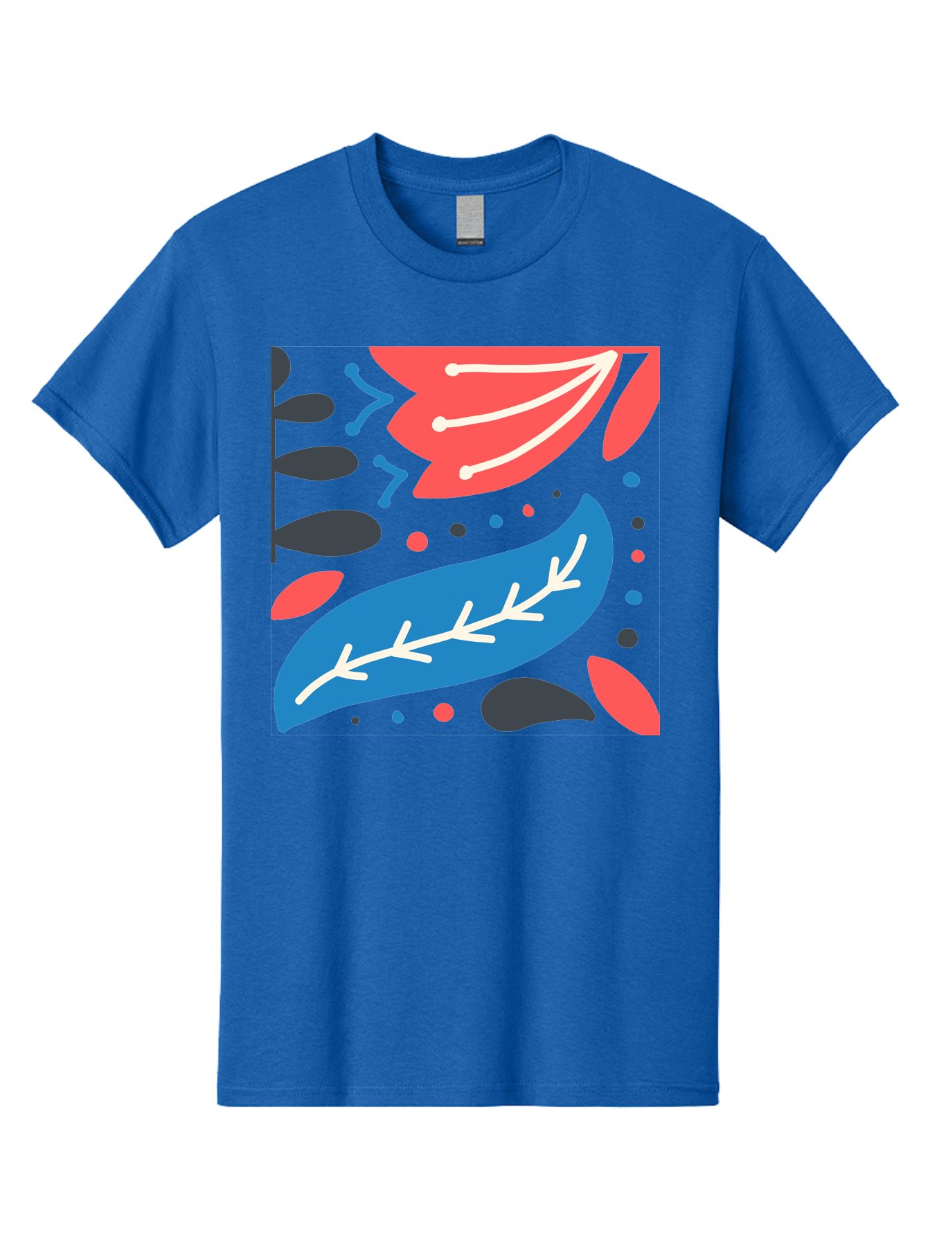 Leaf-Pattern Men'S Graphic Tee, 100% Cotton, Comfortable Casual Summer Wear, Machine Washable, Stylized Leaves, Abstract Design, Colorful Shapes, Playful Pattern, Blue And Red Leaves, White Veins, Scattered Dots, Creative Artwork, Aab763