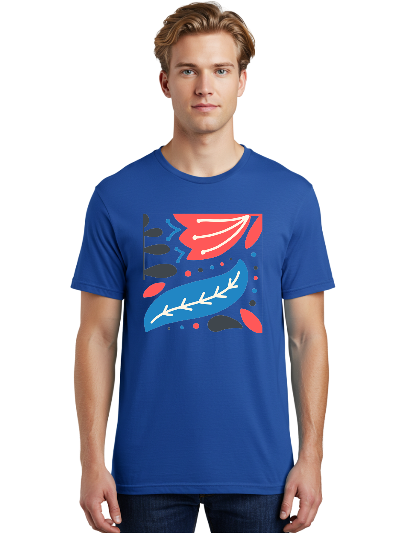 Leaf-Pattern Men'S Graphic Tee, 100% Cotton, Comfortable Casual Summer Wear, Machine Washable, Stylized Leaves, Abstract Design, Colorful Shapes, Playful Pattern, Blue And Red Leaves, White Veins, Scattered Dots, Creative Artwork, Aab763