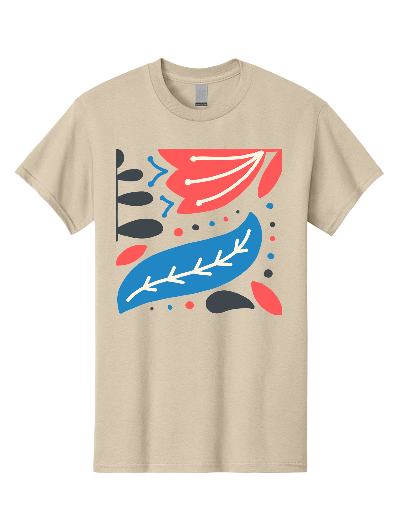 Leaf-Pattern Men'S Graphic Tee, 100% Cotton, Comfortable Casual Summer Wear, Machine Washable, Stylized Leaves, Abstract Design, Colorful Shapes, Playful Pattern, Blue And Red Leaves, White Veins, Scattered Dots, Creative Artwork, Aab763