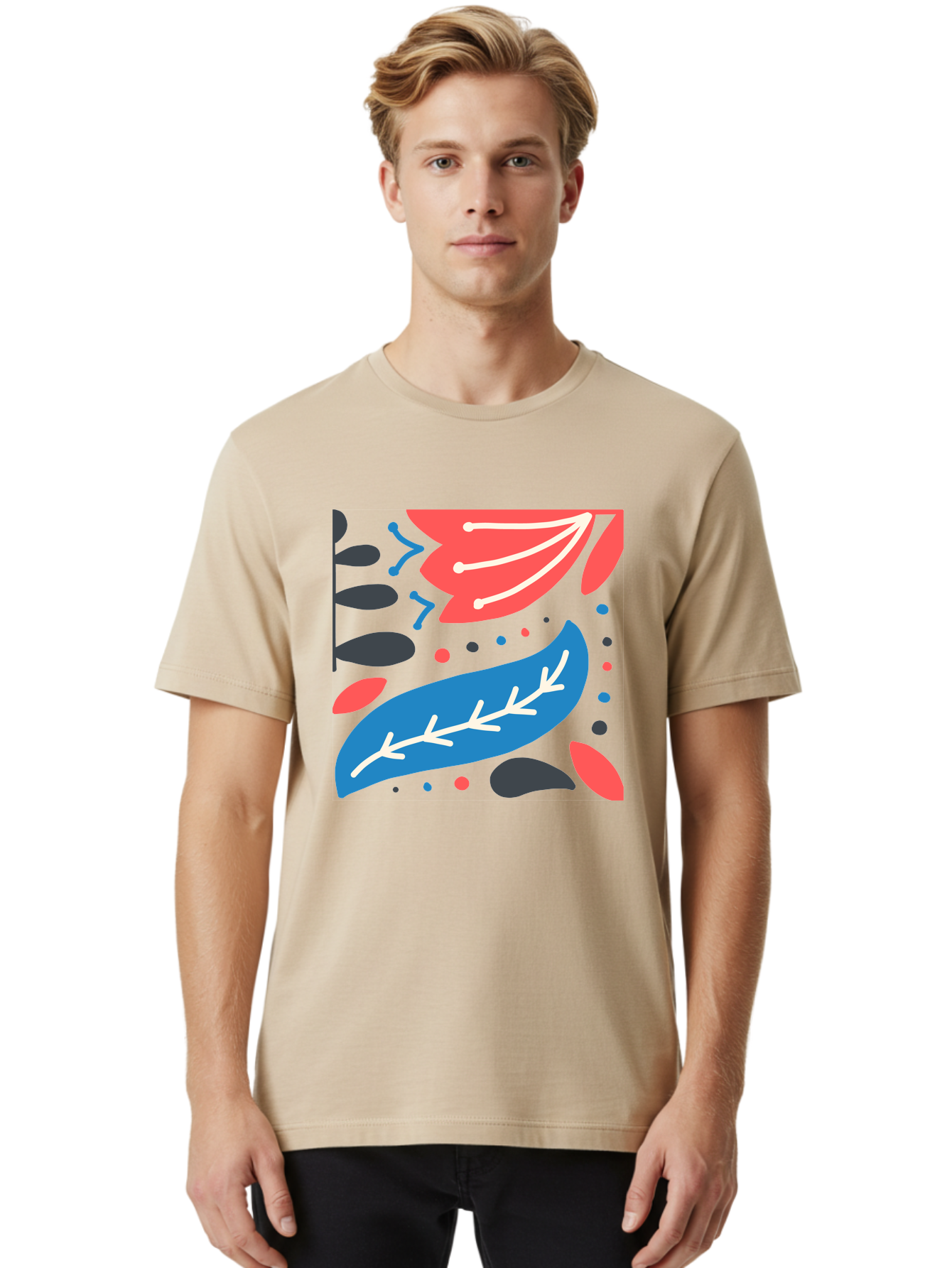 Leaf-Pattern Men'S Graphic Tee, 100% Cotton, Comfortable Casual Summer Wear, Machine Washable, Stylized Leaves, Abstract Design, Colorful Shapes, Playful Pattern, Blue And Red Leaves, White Veins, Scattered Dots, Creative Artwork, Aab763
