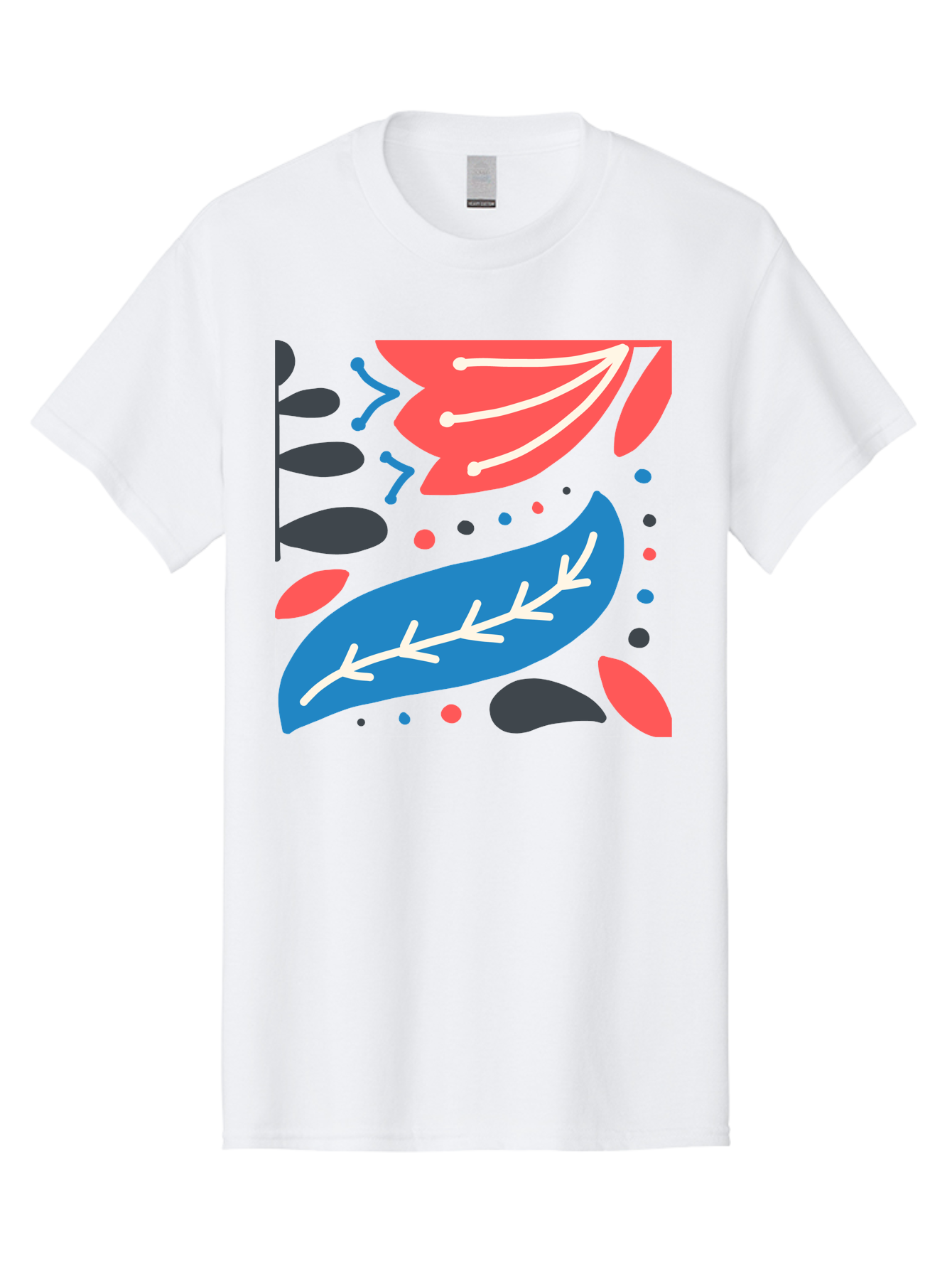 Leaf-Pattern Men'S Graphic Tee, 100% Cotton, Comfortable Casual Summer Wear, Machine Washable, Stylized Leaves, Abstract Design, Colorful Shapes, Playful Pattern, Blue And Red Leaves, White Veins, Scattered Dots, Creative Artwork, Aab763