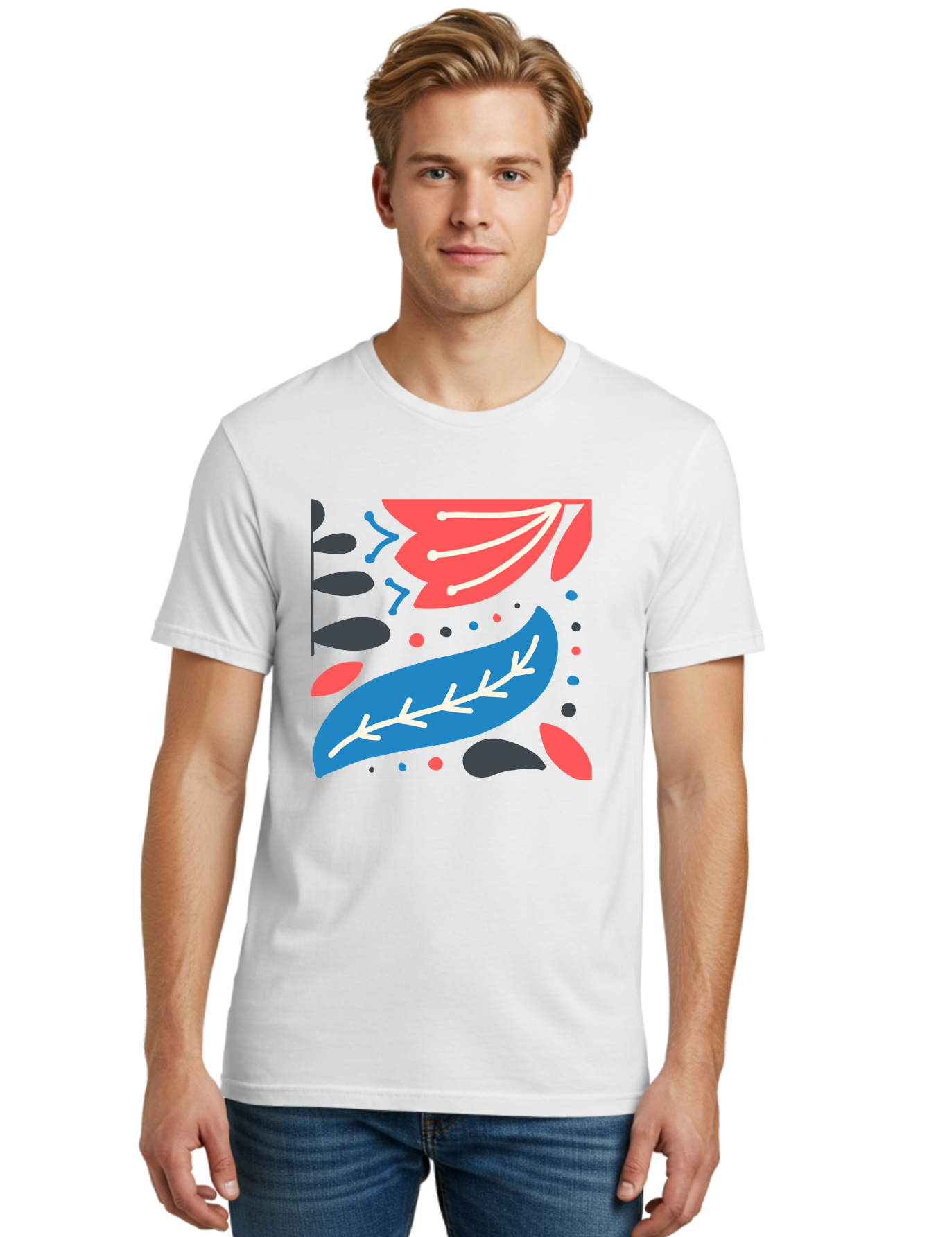 Leaf-Pattern Men'S Graphic Tee, 100% Cotton, Comfortable Casual Summer Wear, Machine Washable, Stylized Leaves, Abstract Design, Colorful Shapes, Playful Pattern, Blue And Red Leaves, White Veins, Scattered Dots, Creative Artwork, Aab763