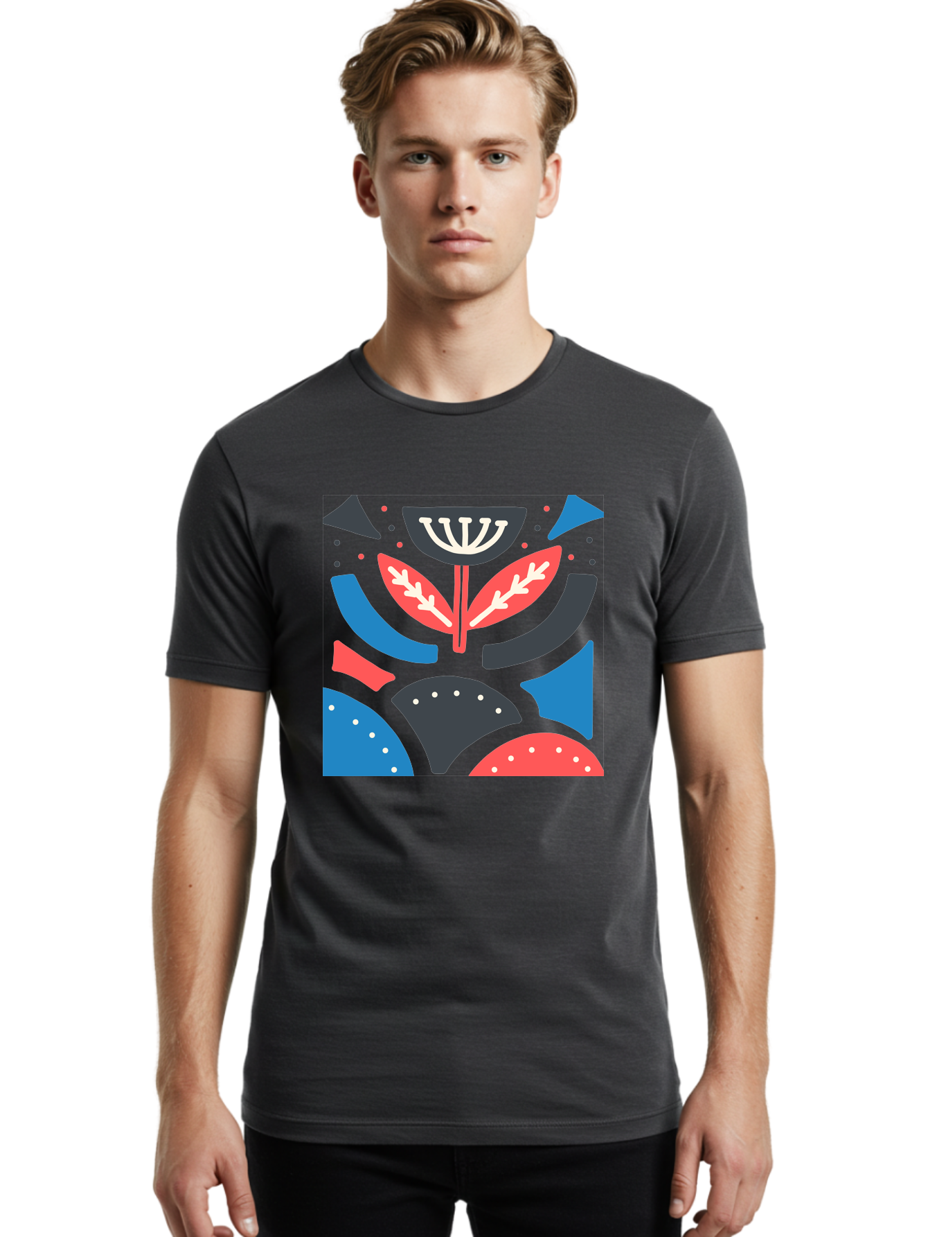 Menorah-Illustration Men'S Graphic Tee, 100% Cotton, Comfortable Casual Summer Wear, Machine Washable, Menorah Illustration, Abstract Floral Design, Hanukkah Symbol, Festive Atmosphere, Jewish Tradition, Holiday Celebration, Aab764